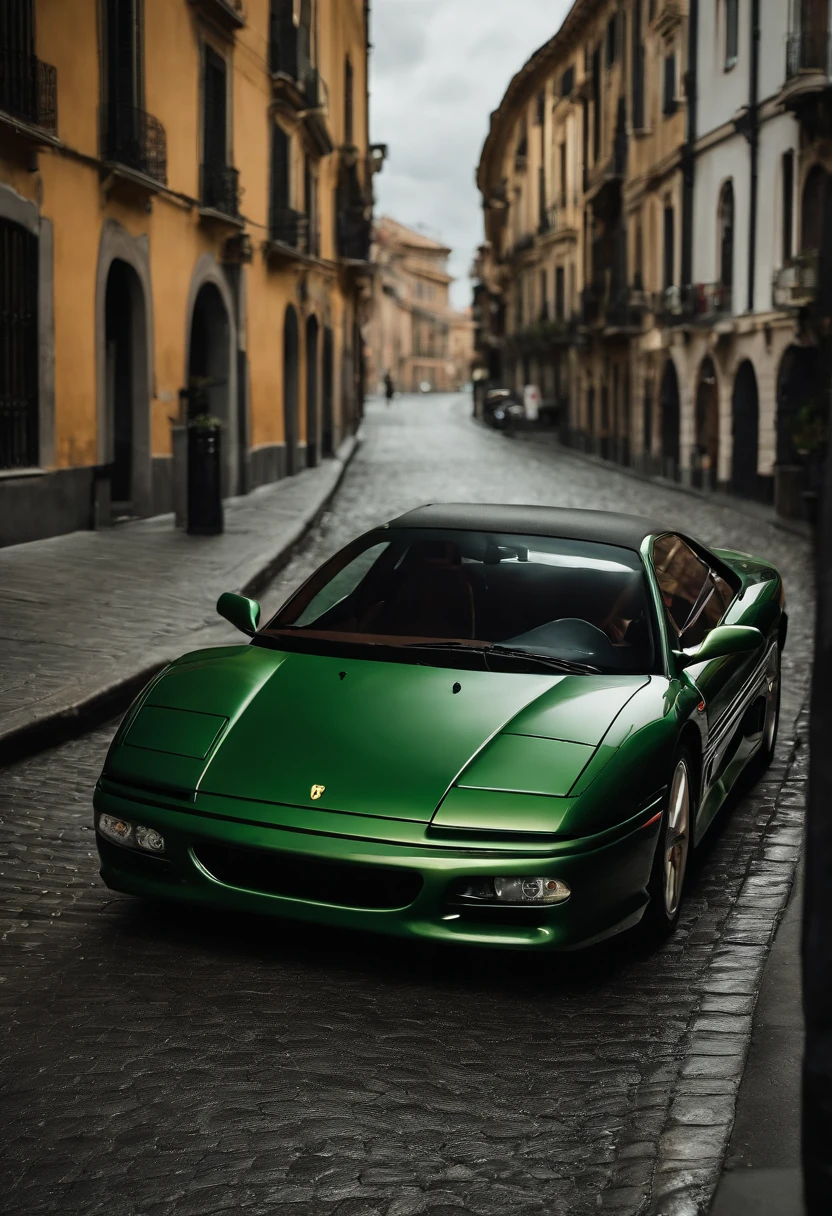 Ferrari F355 color verde ingles con interior de cuero marron en ciudad gotica circulando a alta velocidad