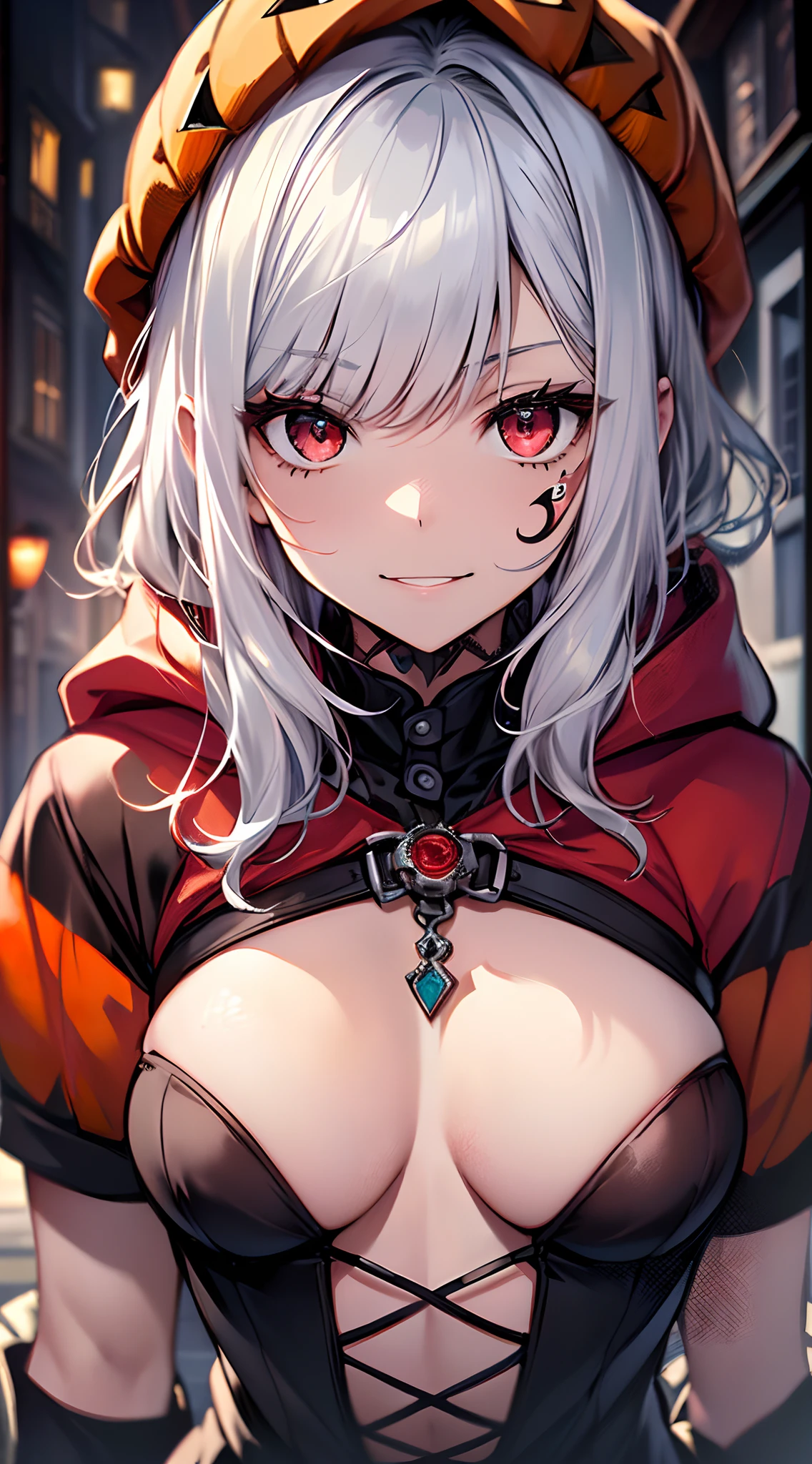 top-quality、Top image quality、in 8K,4K,​masterpiece、(NSFW:1.1)、ultra-detailliert、Beautiful、ultra-quality、adult-like、Cool、girl with(((18year old、Halloween Costumes、Little Red Riding Hood 1:3、Have a jack-o'-lantern、Bust 78、silber hair、a short bob、Red Eyes、erotick:1.4、Happiness、The tattoo)))、hiquality、visualart、Background with((Halloween 1.3))、masutepiece