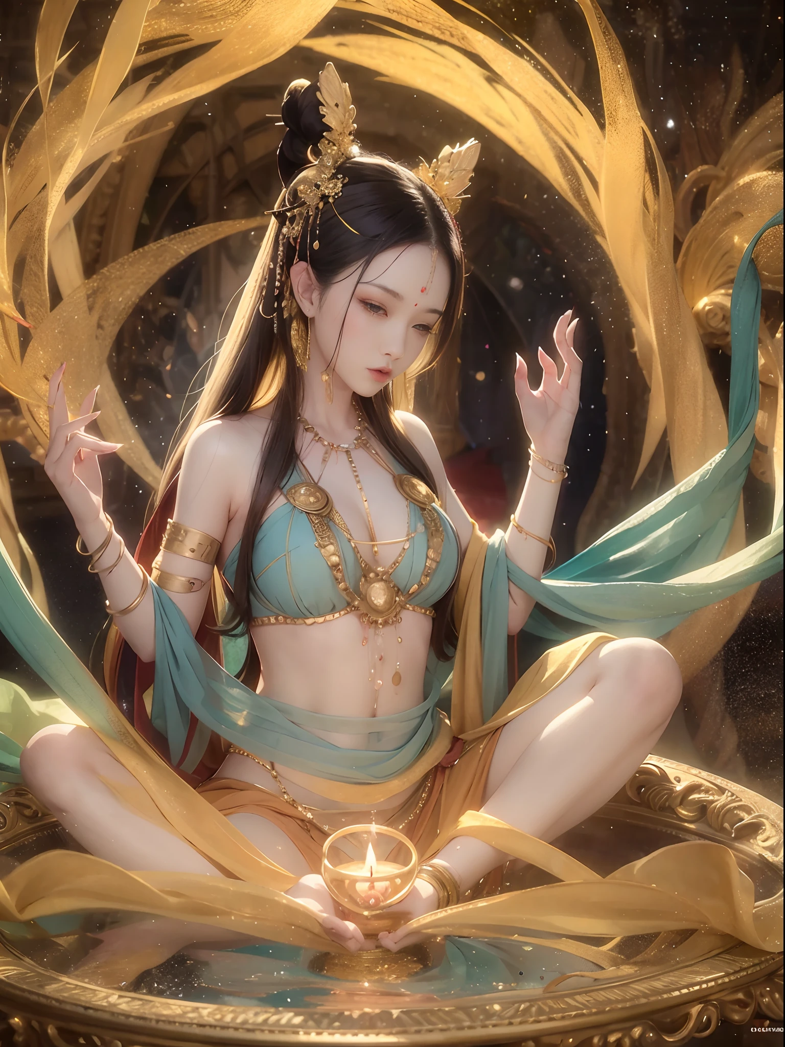 Goddess of immortality with very delicate features, Sit cross-legged and meditate. Her body is partially covered with a pale cloth. Behind her, A golden magic circle spins. A magical aura surrounds her. The scene is full of enchantment and a sense of fantasy. In the background、There is a galaxy with 4 elements (fire, Water, Air, Earth) Swirling around it. Images are of the highest quality, 8K resolution, Ultra-detailed and photorealistic visuals on display.