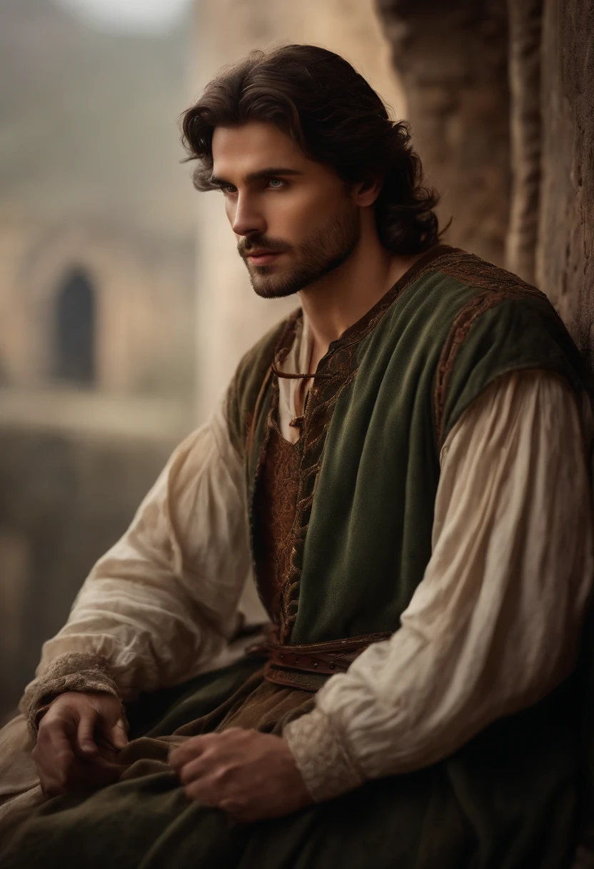 Normal-looking realistic man with messy dark brown hair, sobrancelha grossa e barba mal feita, olhos cinzentos com roupas medievais e sardas em uma mercearia de tempo medieval