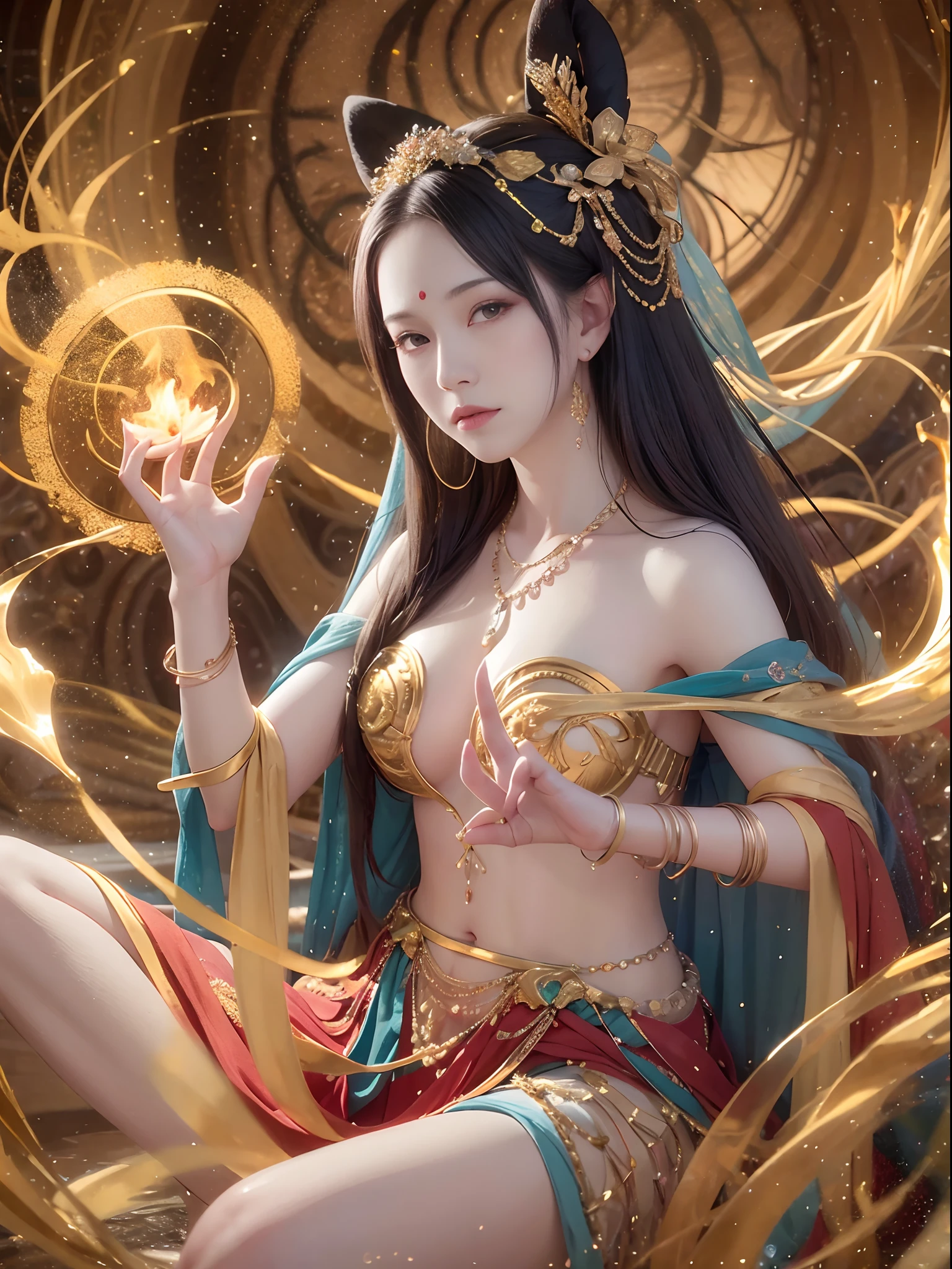 Goddess of immortality with very delicate features, Sit cross-legged and meditate. Her body is partially covered with a pale cloth. Behind her, A golden magic circle spins. A magical aura surrounds her. The scene is full of enchantment and a sense of fantasy. In the background、There is a galaxy with 4 elements (fire, Water, Air, Earth) Swirling around it. Images are of the highest quality, 8K resolution, Ultra-detailed and photorealistic visuals on display.