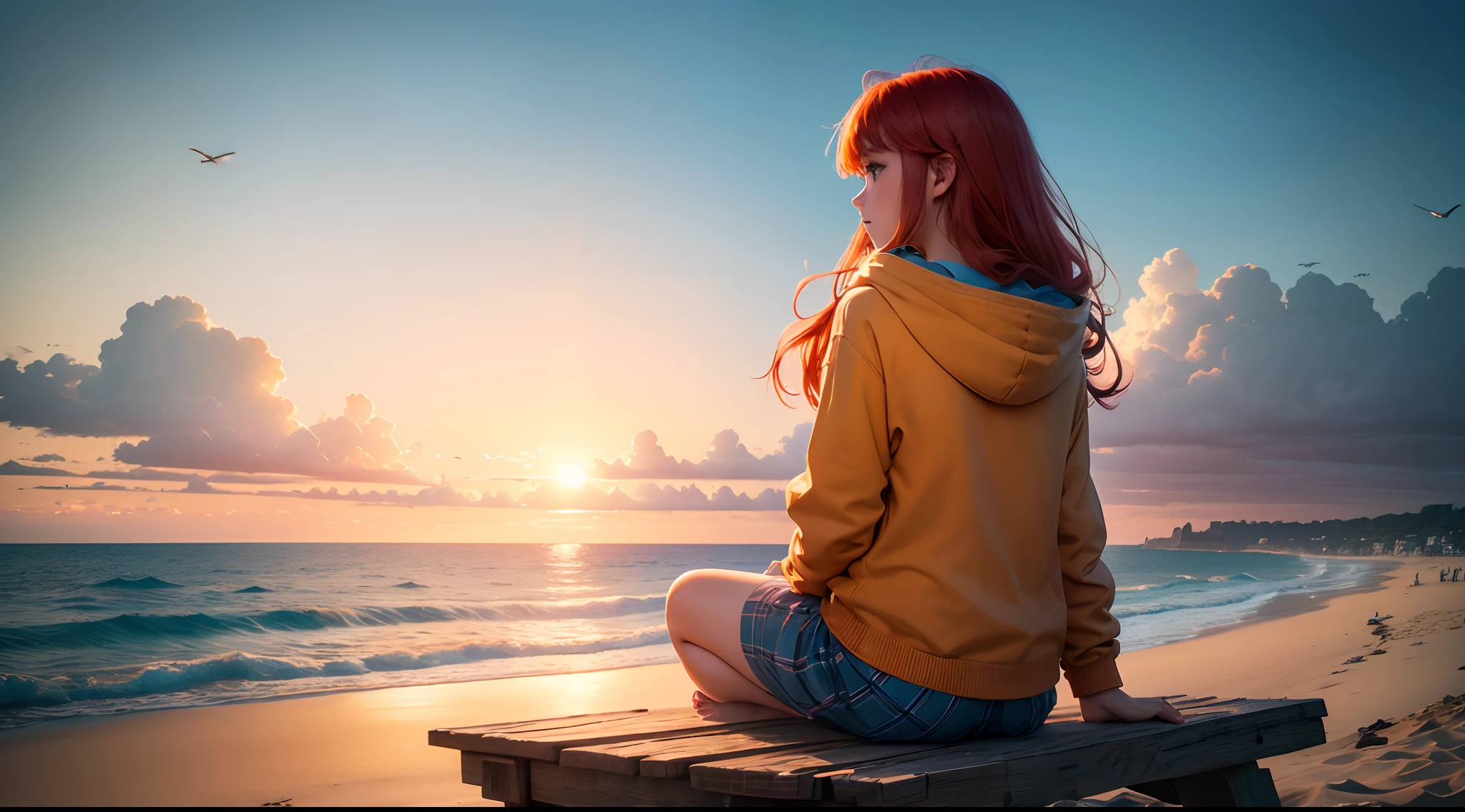 (best quality,4k,8k,highres,masterpiece:1.2),a 13-year-old girl with red hair and dark skin, wearing an orange hoodie, sitting on a wooden bench overlooking the beach, centered view from her back, sunlight coming from the right side,ultra-detailed,realistic:1.37,illustration,beach landscape,vibrant colors,sunlit atmosphere,ocean breeze,motionless waves,fine sand,glistening seashells,sailboats on the horizon,seagulls flying in the sky,cotton candy clouds,faraway lighthouse silhouette,peaceful and serene ambiance