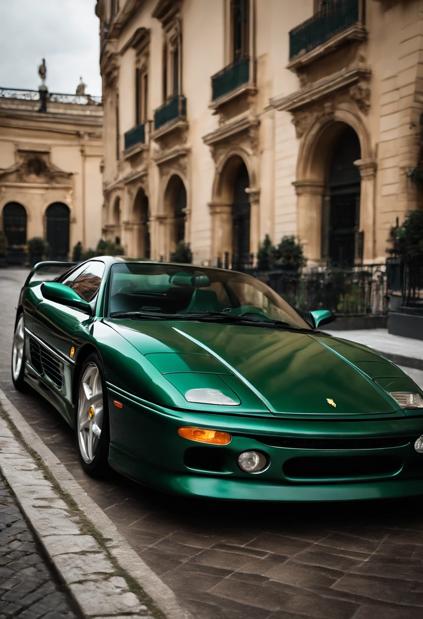 Un auto marca Ferrari F355 de color verde ingles en su exterior con el interior forrado de cuero marron de tono medio se encuentra en ciudad gotica circulando a alta velocidad