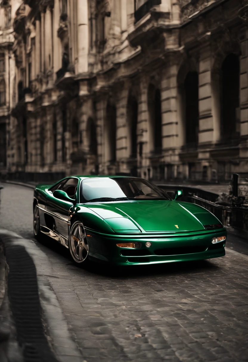 Un auto marca Ferrari F355 de color verde ingles en su exterior con el interior forrado de  cuero marron de tono medio se encuentra en ciudad gotica circulando a alta velocidad