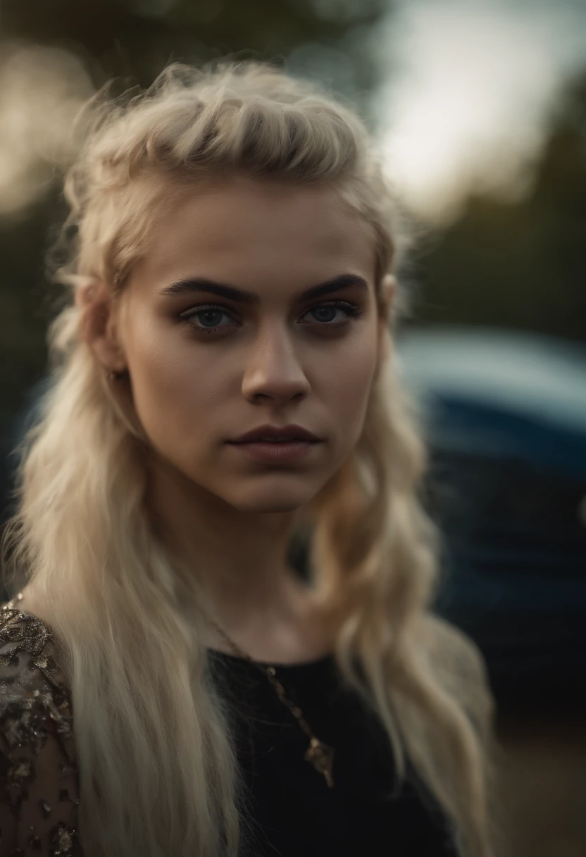 Female  demon with blonde hair, olhos azuis, asas negras, cauda e chifres, roupa punk-rock, Fundo do fogo, average facial expression, Realistic