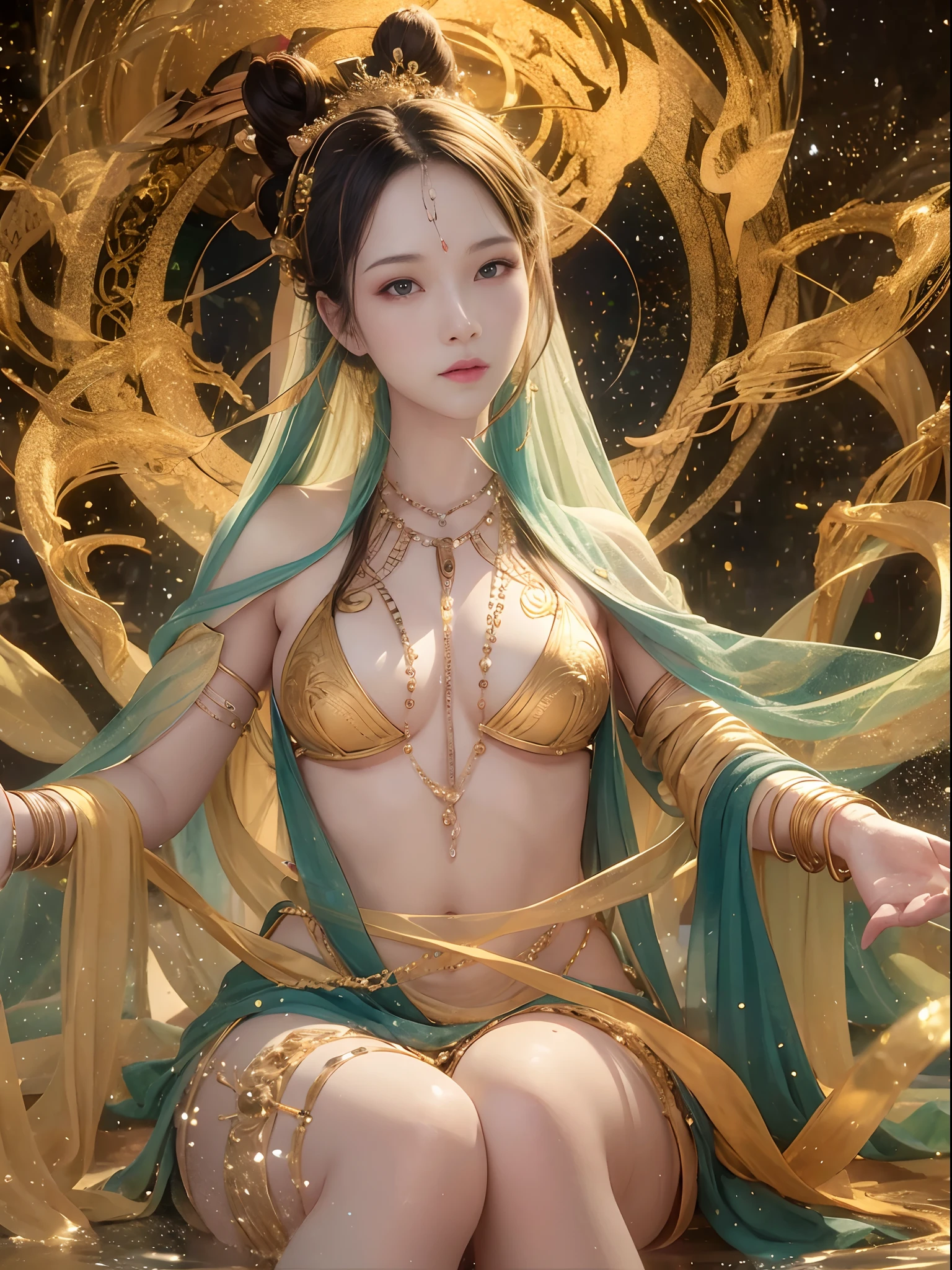 Goddess of immortality with very delicate features, Sit cross-legged and meditate. Her body is partially covered with a pale cloth. Behind her, A golden magic circle spins. A magical aura surrounds her. The scene is full of enchantment and a sense of fantasy. In the background、There is a galaxy with 4 elements (fire, Water, Air, Earth) Swirling around it. Images are of the highest quality, 8K resolution, Ultra-detailed and photorealistic visuals on display.