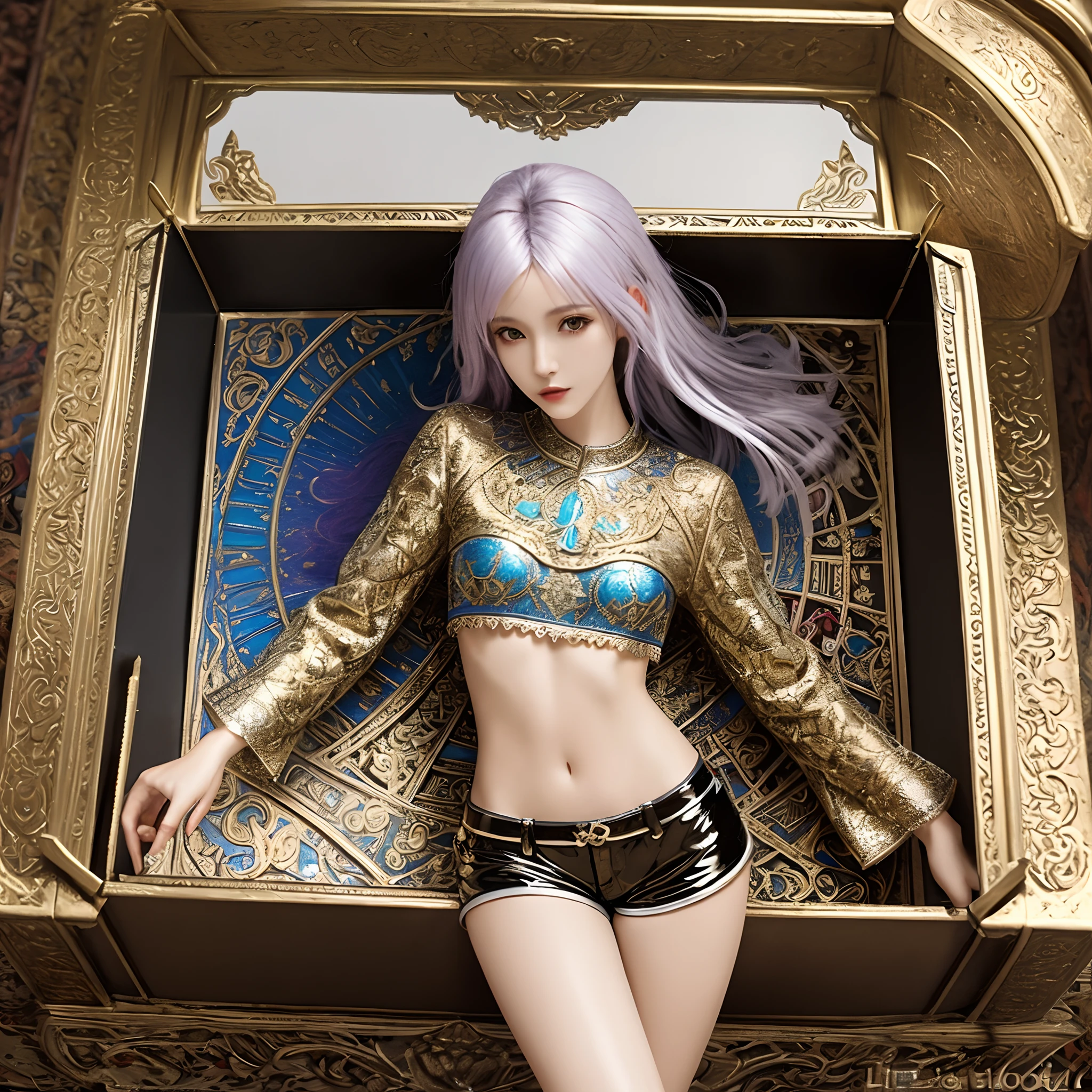 Intricately detailed RPG-style art, Beautiful slim skinny northern european woman with two colors hair wearing shiny vinyl low rise mini box shorts,