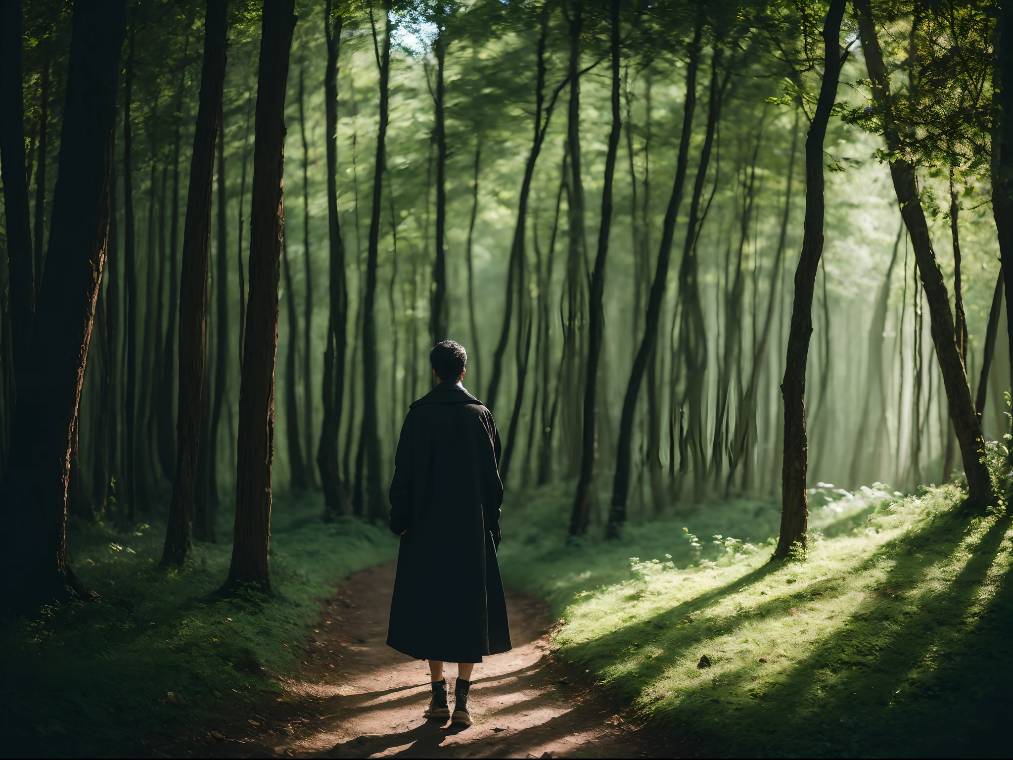 the back of someone | wearing a black coat | rustic naturalism | mysterious forest | 8k resolution |new fauves, infused symbolism --style raw