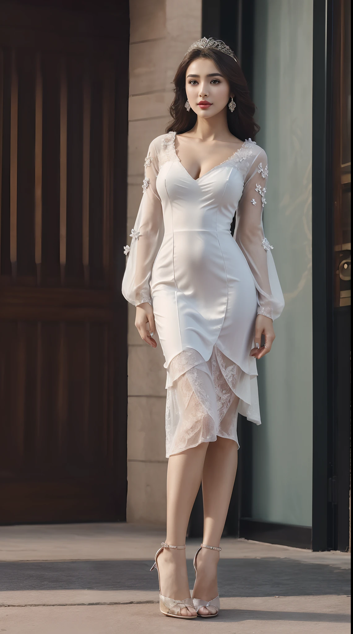 (full body shot:1.5), (Masterpiece:1.1), (Indian babe:1.1), inspired by Amy Jackson, she is in standing position, 1girl, solo girl, 18 year old girl, ultra realistic face, hyperrealistic, hyperdetailed, (looking at viewers), sharpen, detailed face, detailed eyes, detailed lips, red lips, beautiful face, 16k, FHD, raw photo, cute face mesh, pretty face mesh, girl in luxury office, beautiful hair style, ((elegant flared frocks with sleeves, asymmetrical frocks, embroidery flared frock, flared dress, princess looking, princess outfit, see-through)), intricate, extremely detailed, (long areola, close cleavage), scattering surface, ultra realistic texture, smooth skin, realistic face, glow lip, glow face, very_high_resolution, perfect figure, beautiful curved body, fit body, (elegant high heel), club hair ornament,