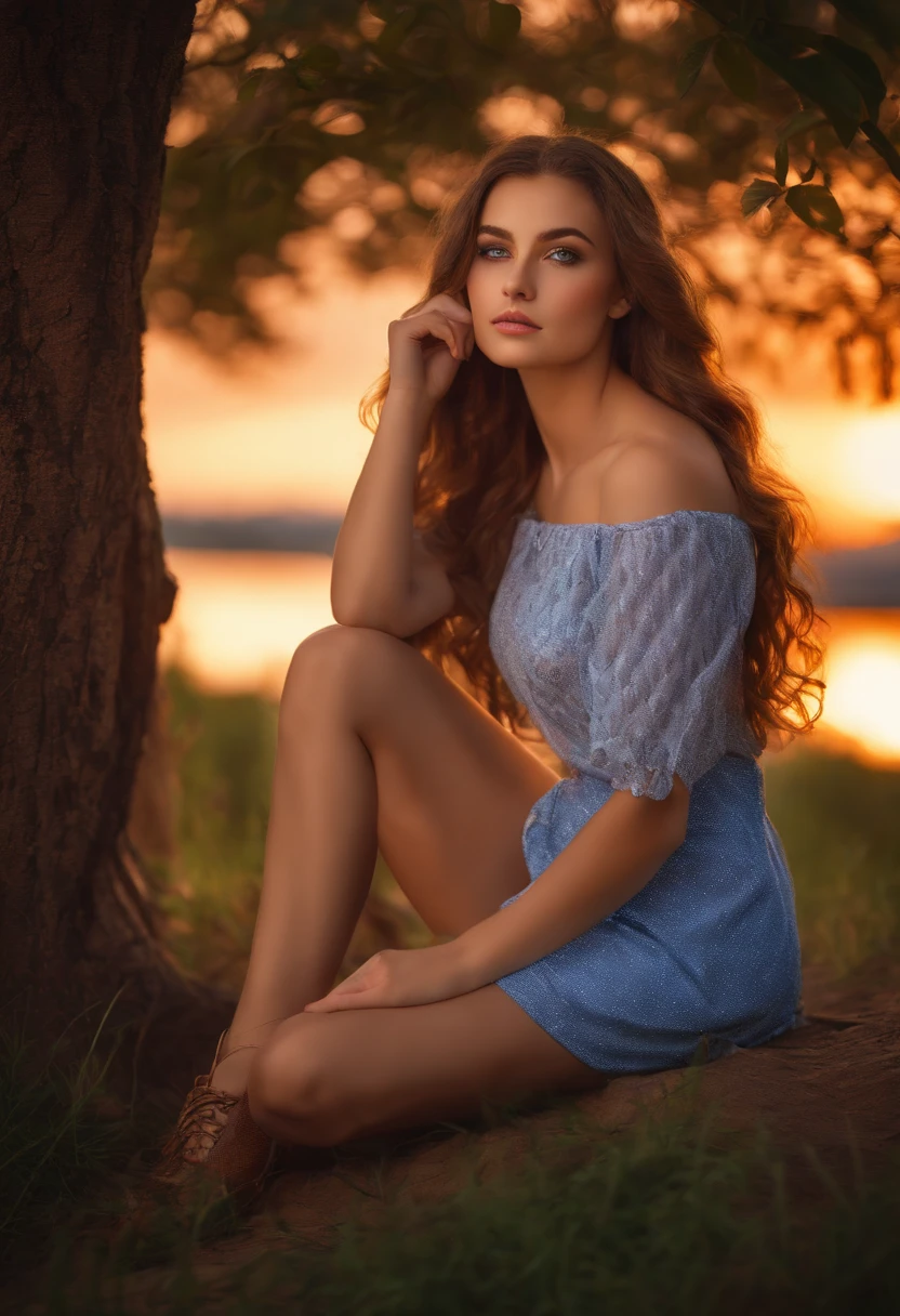a beautiful realistic girl with short skirt with blue ultra realistic eyes , sitting under the tree watching sunset