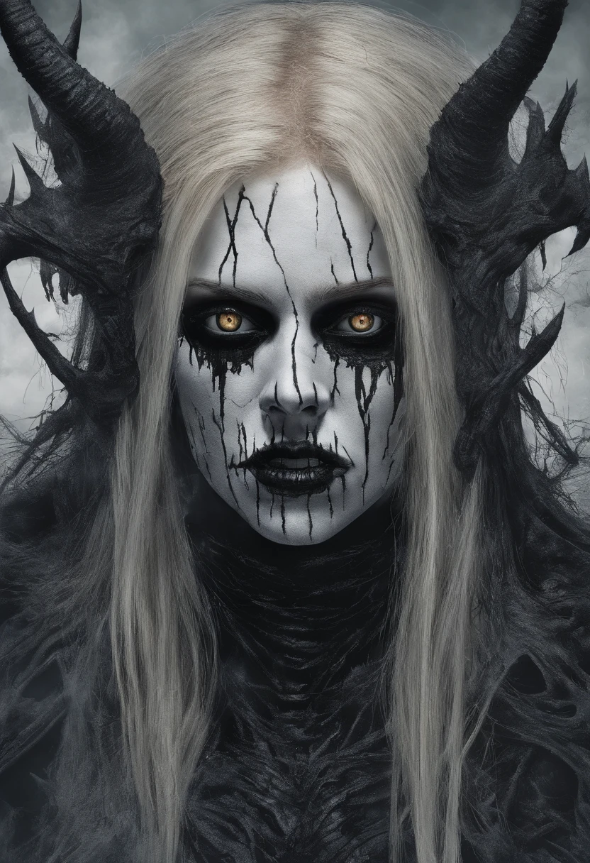 Female demon with blonde hair, olhos azuis, asas negras, cauda e chifres, roupa punk-rock, Fundo do fogo, average facial expression, Realistic