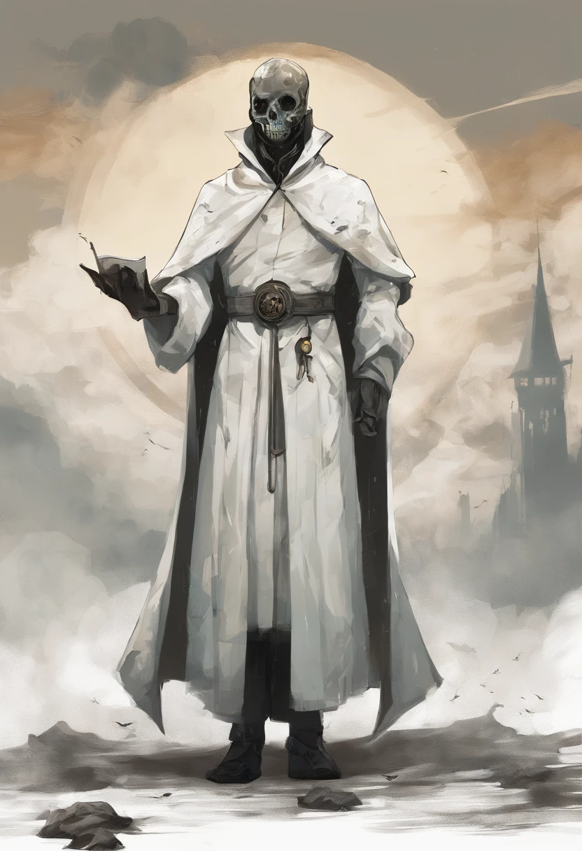 A doctor from the time of the spooky plague, wearing thin white robes that reflect the light of the cloudy sky. Em suas vestes, filetes de couro usados para prender as mangas. Everything suggests that this is someone very important.