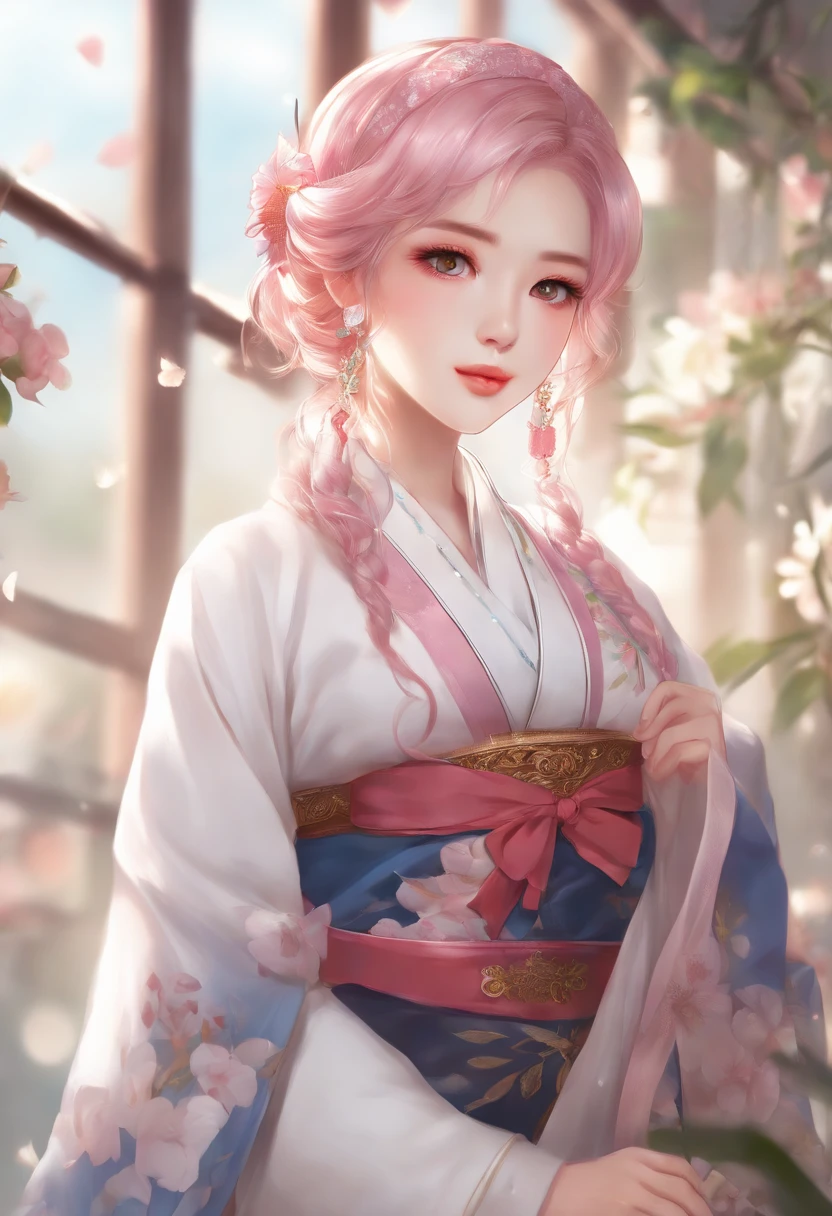 (finely detailed beautiful eyes and detailed face,masterpiece sidelighting,masterpiece,best quality,detailed,high resolution illustration),, (1girl,whole body,bishoujo,lustrous skin,looking down,looking at viewer),, (pink hair,blue eyes,ribbon,hanbok, korean clothes), (clothed_underbust:1.2),underboob,