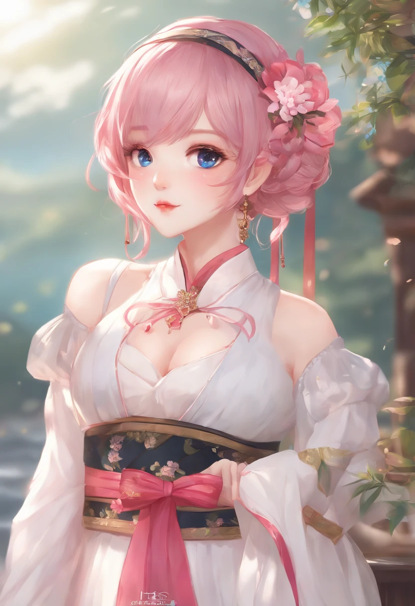 Highest quality, masterpiece, High resolution,A woman wearing a slit Chinese dress,Pink hair and blue eyes,