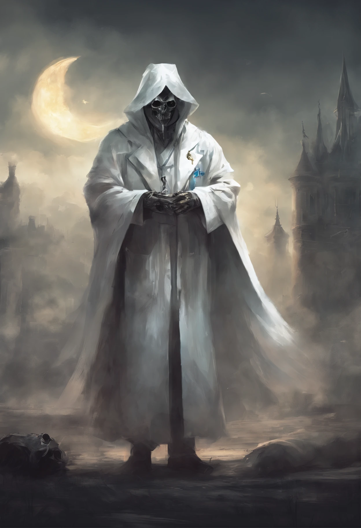 A doctor from the time of the spooky plague, wearing thin white robes that reflect the light of the cloudy sky. Em suas vestes, filetes de couro usados para prender as mangas. Everything suggests that this is someone very important.