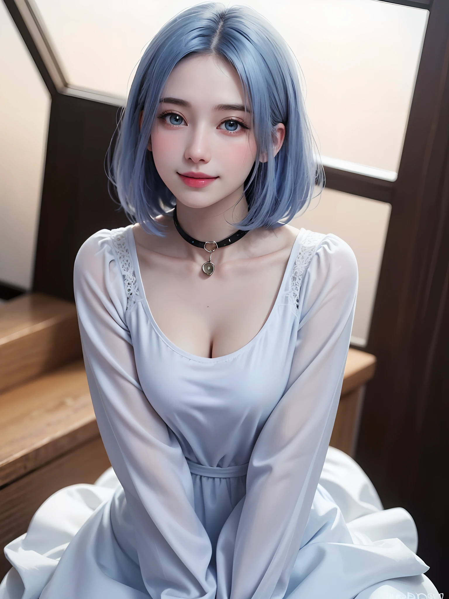 ((masutepiece)), (Best Quality), (Detailed), (1girl in), (Internal Data Stream) 、(A very beautiful woman with a very cute smile)、(Very beautiful face in symmetry)、(A woman full of adult charm who is too beautiful)、Light blue gradient hair, Light blue eyes, Straight hair, Wearing a modern white shirt and black dress, Covered with data particles, Lock around the neck