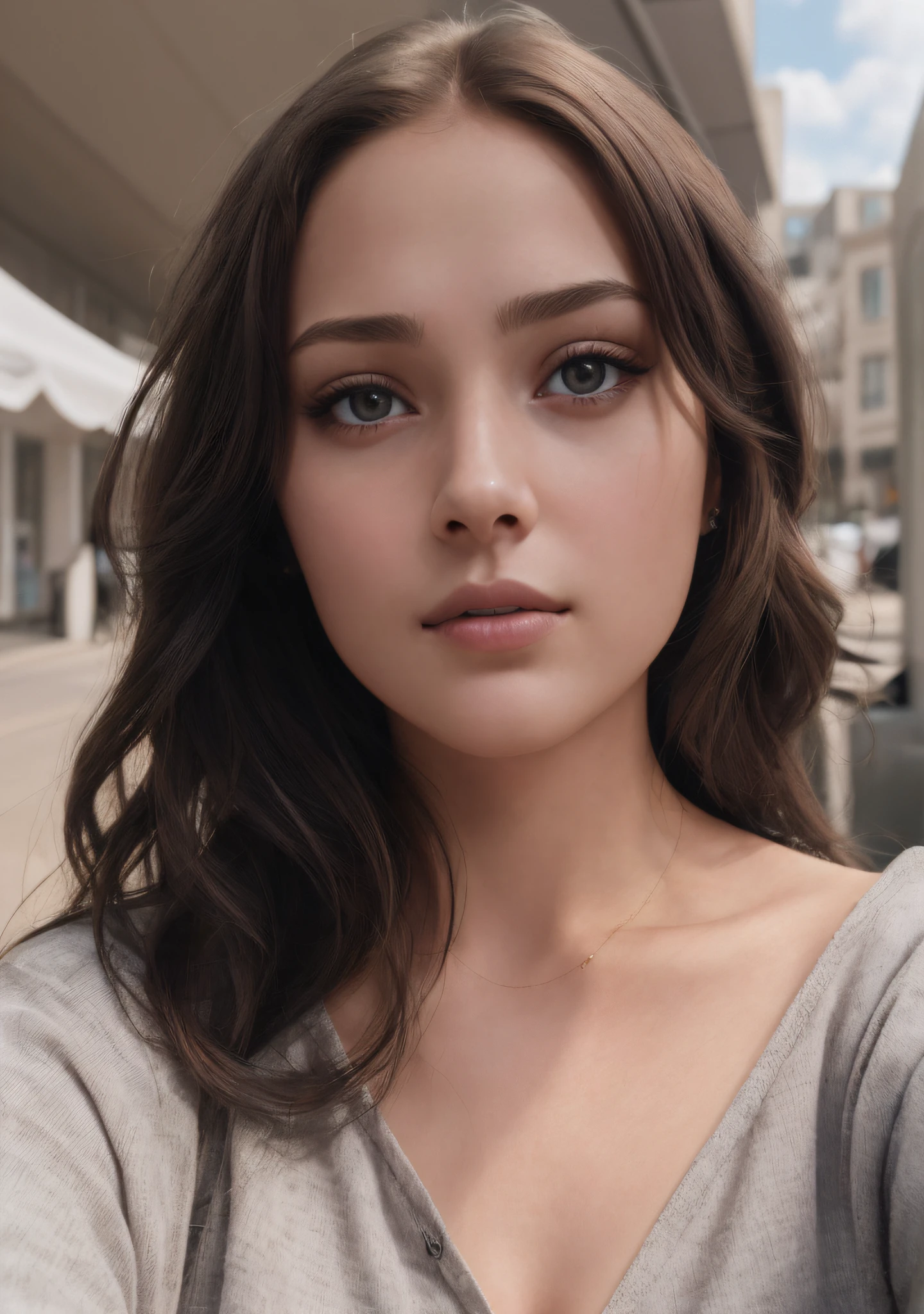 arafed woman with long brown hair and a gray shirt, soft portrait shot 8 k, color photograph portrait 4k, 8k portrait render, portrait sophie mudd, finely detailed perfect face, detailed perfect face, photorealistic beautiful face, full body , detailed unblurred face, gorgeous attractive face, accurate ultra realistic faces, young beautiful face