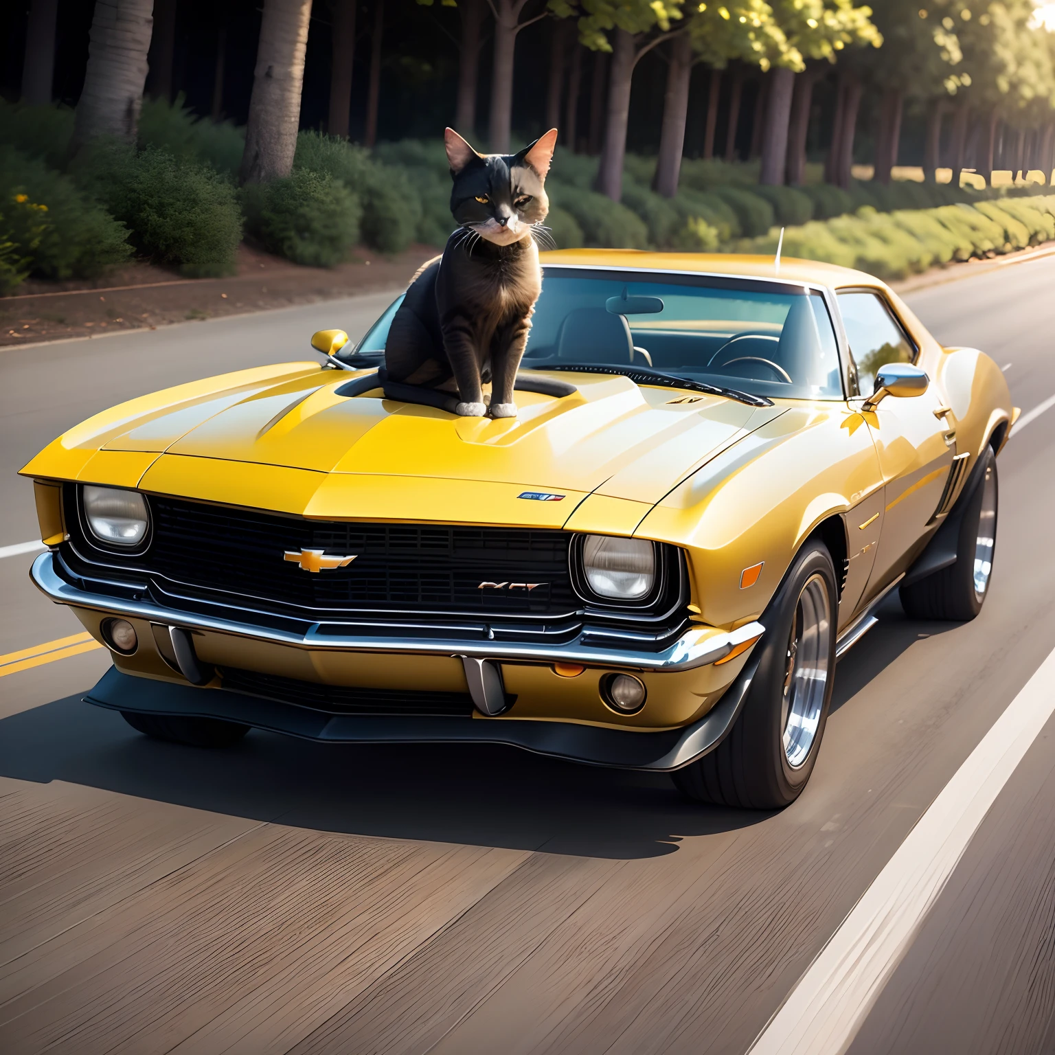 Cat in a Chevy Camaro