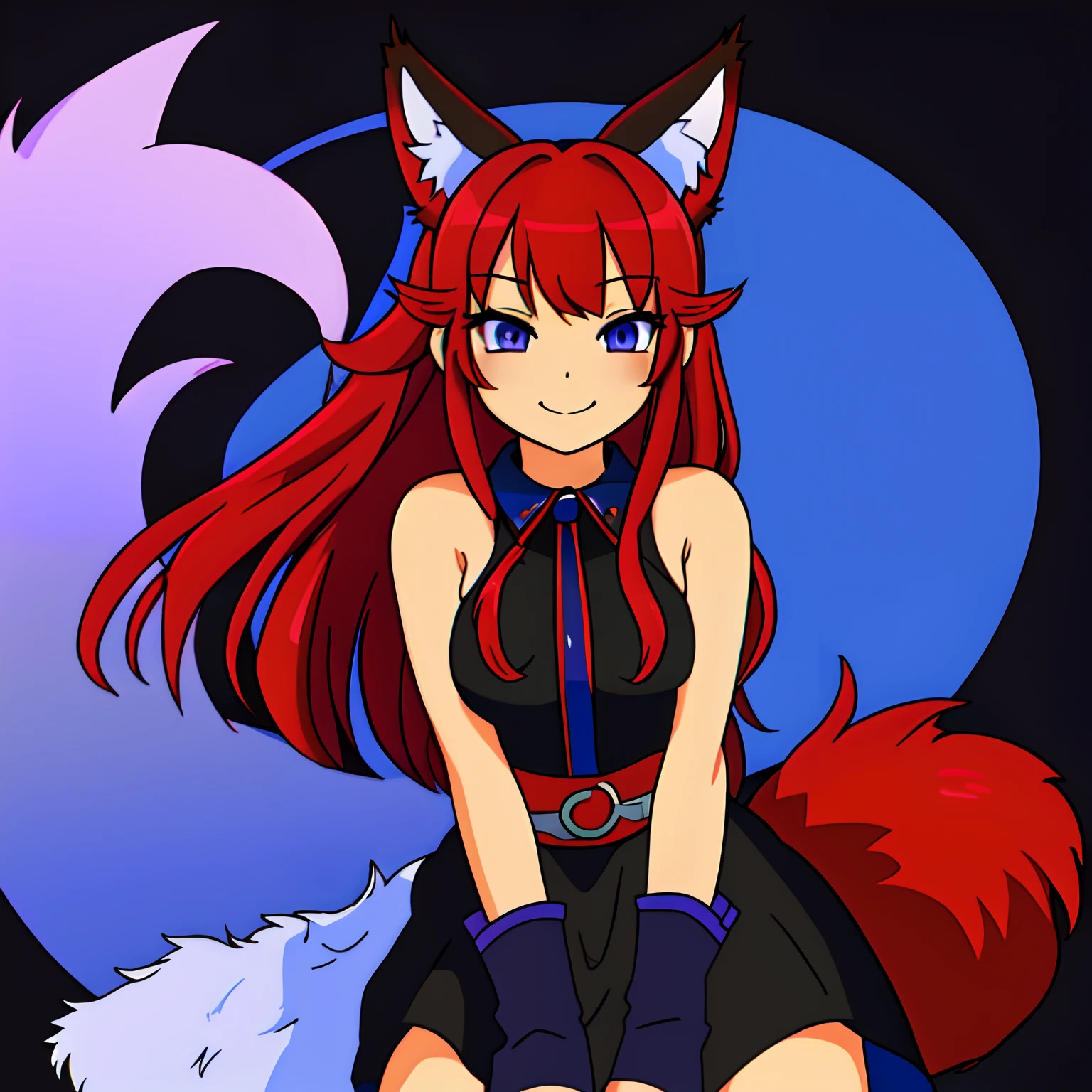 solo woman, kitsune woman (red skin), (blue eyes), fox ears (red ears), long hair, inner hair, (red hair), fox tail, (red tail), fluffy tail, plush tail, shy face, light smile, dress skirt (purple and black dress)