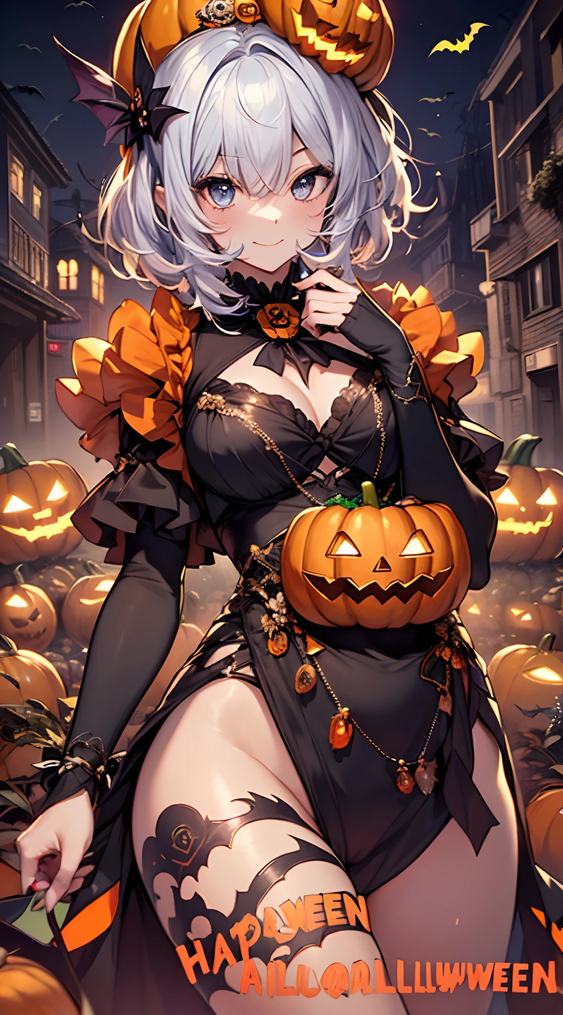top-quality、Top image quality、in 8K,4K,masterpiece、(NSFW:1.1)、ultra-detailliert、Beautiful、ultra-quality、adult-like、Cool、girl with(((18year old、Halloween Costumes、Cinderella:1.2、Have a jack-o'-lantern、Bust 78、silber hair、a short bob、Red Eyes、erotick:1.4、Happiness、The tattoo)))、hiquality、visualart、Background with((Halloween 1.3))、masutepiece
