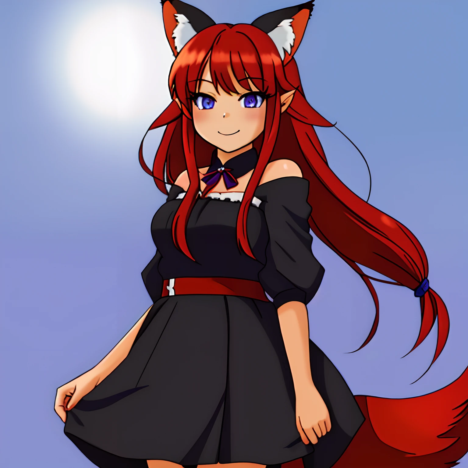 solo woman, kitsune woman (red skin), (blue eyes), fox ears (red ears), long hair, inner hair, (red hair), fox tail, (red tail), fluffy tail, plush tail, shy face, light smile, dress skirt (purple and black dress)