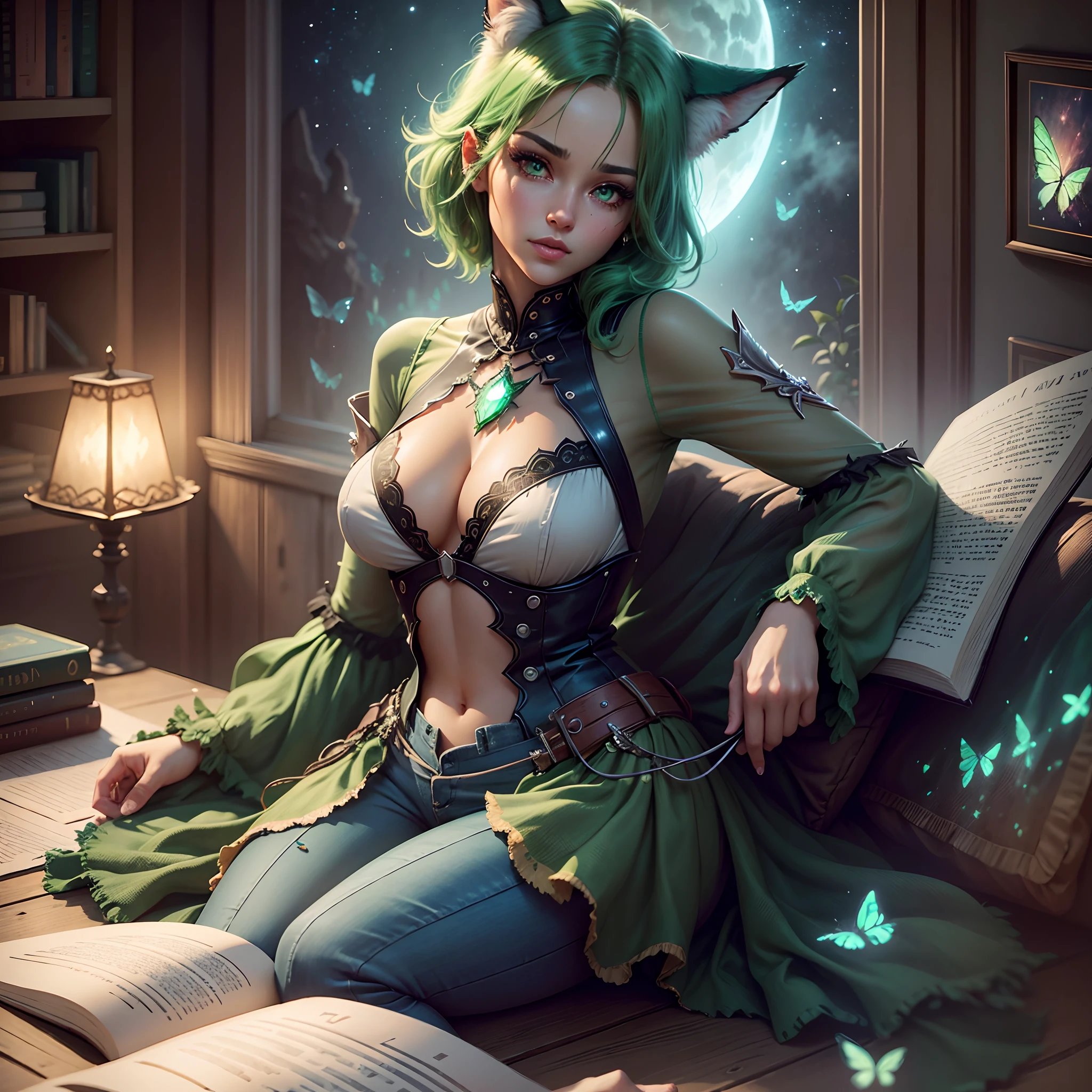 1 female, reading book, short emerald hair, green glowing eyes, green fox ears, makeup, blush, eyelashes, high quality, books, night sky, bedroom, sitting on couch, butterflies, cinematic radius, realistic digital art illustration poster film portrait, epic lighting, cinematic lighting, high res, (detailed image:1), insane details, smooth, hyper realistic, (highly detailed: 1.2), masterpiece, 8k uhd, digital art style, full body shot, jean pants, white small shirt, medium breast, curvy, sexy