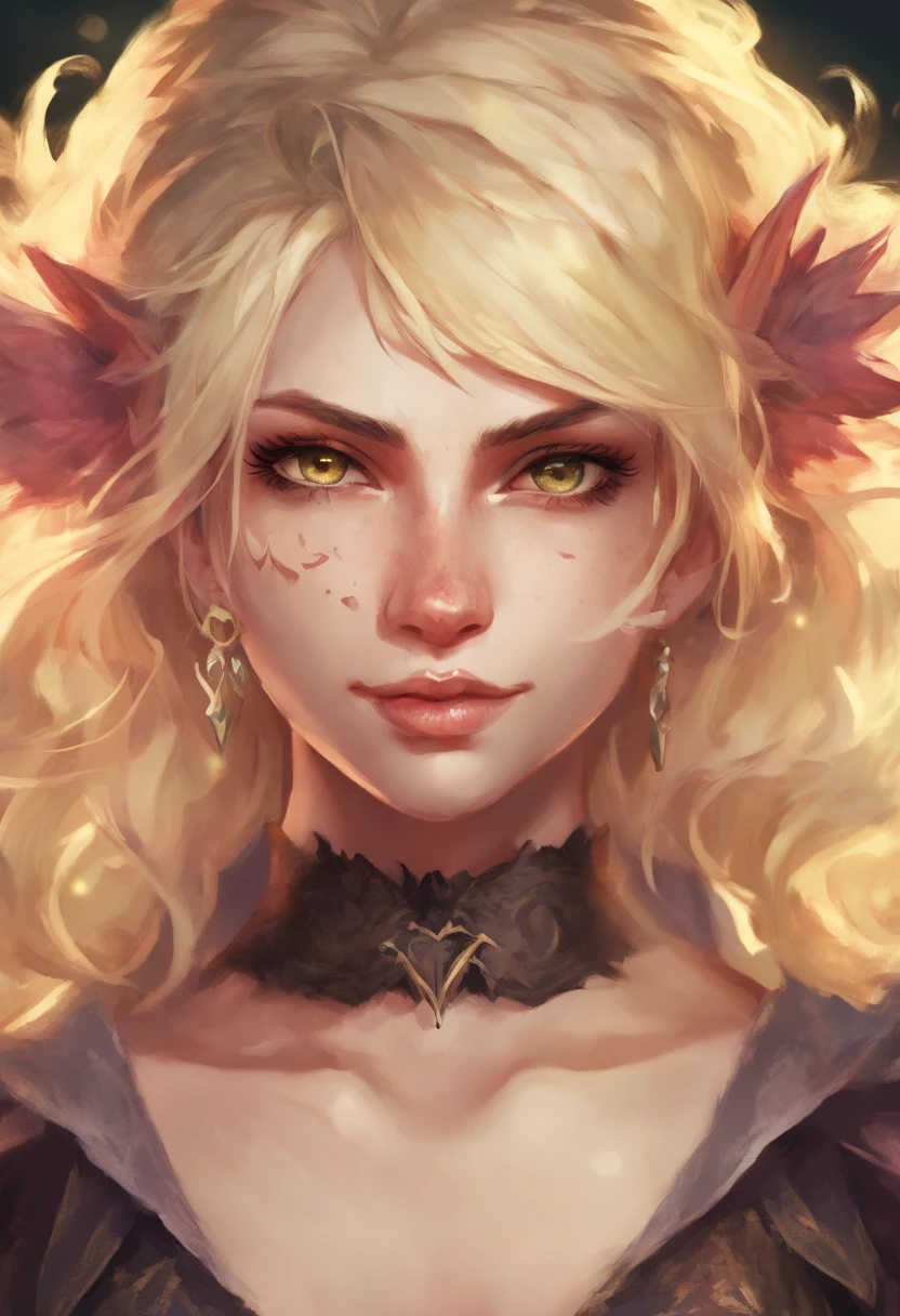 Female teen demon with blonde hair, olhos azuis, asas negras, cauda e chifres, roupa punk-rock, Fundo de fogo, sorriso maldoso, Realistic, corpo inteiro