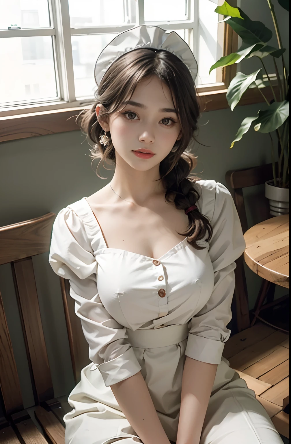 (8K, Raw photography, top-quality, masterpiece: 1.2), masterpiece, Super Detail, 超A high resolution, (Realistic and realistic photos: 1.37), high-definition RAW color photography, extremely delicate and beautiful, ighly detailed, 8K Wallpaper, amazing detailed, extremely detailed eye, highlydetailed skin, extremely detailed fingers, highly detailed nose, highly detail mouth, perfect anatomia,1girl in, Apron, white dres,G Cup Beautiful Girl、Huge breasts :2.0),Visible breasts、no-bra、Full body shot,low angle shot,show off nipple:2.9,Big bright eyes,Cute,kawaii,Giant bast,show off nipple:1.3,NSFW,Sheer、 Blurry background, Blurred foreground, blush, braid, depth of fields, Dress, eyebrows visible through hair, frilld, hair between eye, Jewelry, juliet sleeves, Looking at Viewer, Maids、Maid headdress, Puffy sleeves, Short hair, Sitting, Solo, window, Huge、hposing Gravure Idol、女優、18year old、tall、cafes、resturant、Australia、