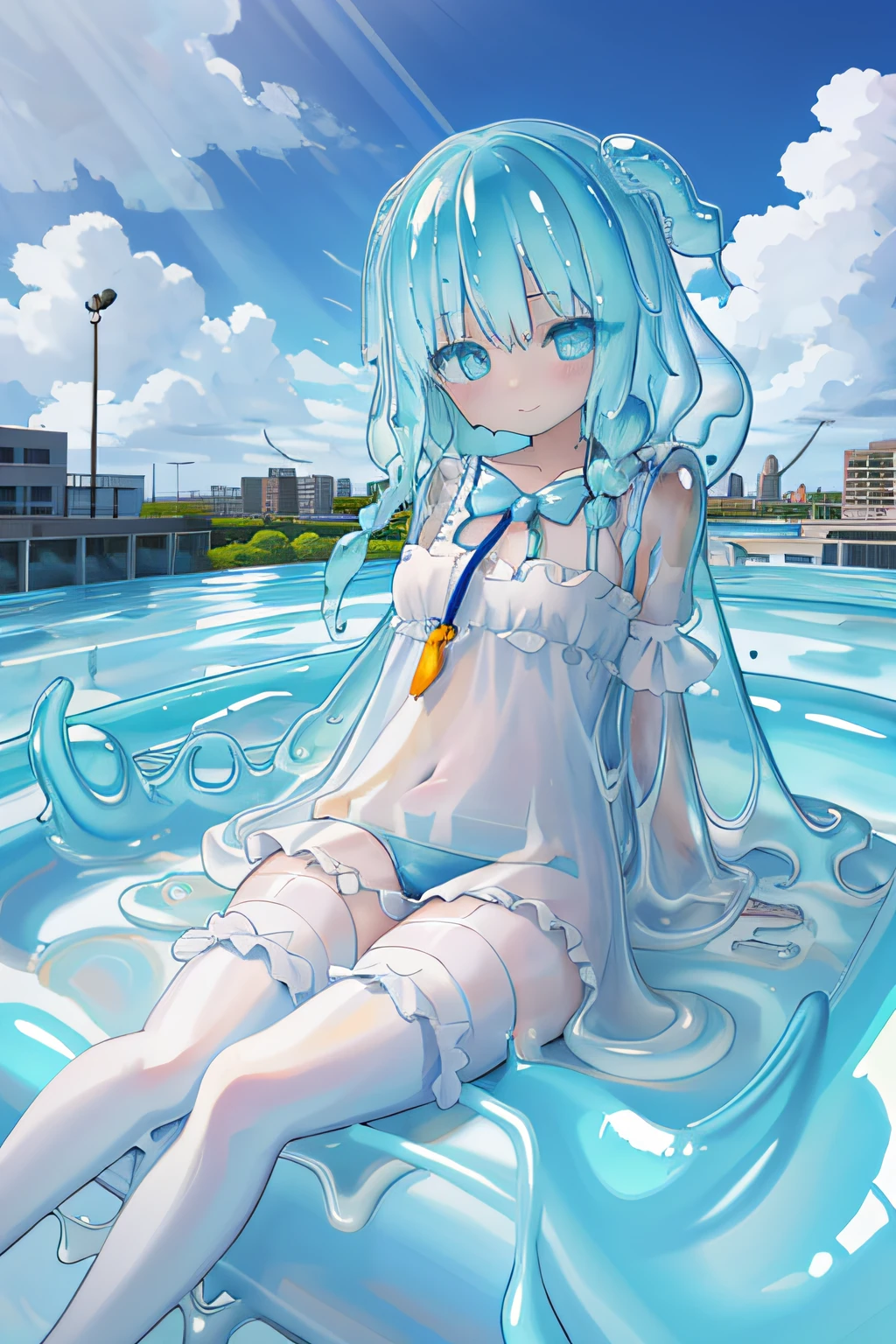 (masterpiece,bebackgroundst quality,ultra-detailed,best illustration:1.2),1girl,(slime girl:1.4),(transparent body :1.4),(see-through skin:1.3)closed mouth,beautiful detailed face eyes,swimsuit,white thighhighs, sunny,blue sky,outdoors,cityscape,