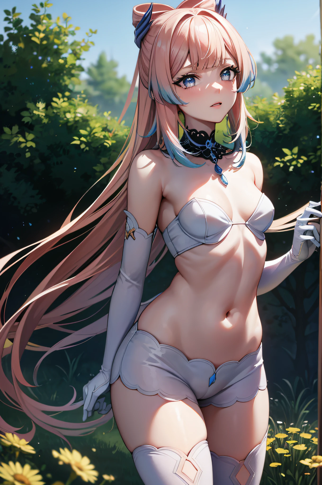 An adult girl stands in a field of dandelions and looks into the distance, (Looking Ahead), (doesn't look at the camera), (turned her back to the camera), elven girl, hairlong, pretty eyes, Slender figure, curvy legs, Appearance of the model, confusion, sexuality, Cute beautiful anime woman, detailed digital anime art, beautiful anime girl, beautiful anime girl, Anime with small details, Best Quality, Masterpiece, Ultra-detailed, Beautiful, hight resolution, Original,CG 8K ультрареалистичный, perfect artwork, beatiful face, Face Clean, Skin, hyper realistic, Ultra Detailed, A detailed eye, dramatic lighting, (Realistic) Realistic, Full HD, Best Quality, Best Quality, Beautiful lighting, (8k wallpaper of extremely detailed CG unit), High Details, sharp-focus, The art of dramatic and photorealistic painting, naked ass,