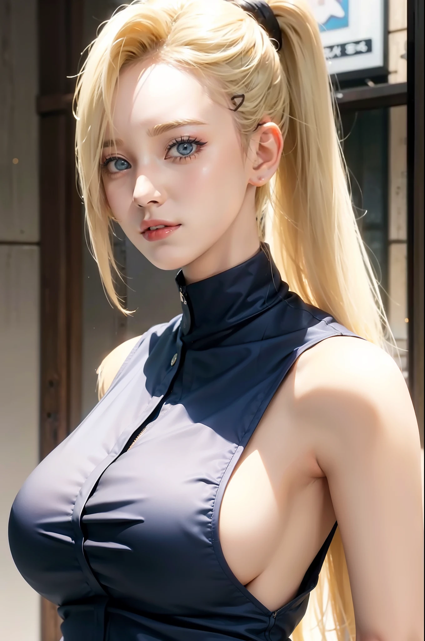 1girl, Ino yamanaka in anime naruto, short hair, yellow hair, blue eyes, smile, beautiful, sexy dress, sexy clothes, white and red clothes, very big breast, realistic clothes, detail clothes, outdoor background, ultra detail, realistic