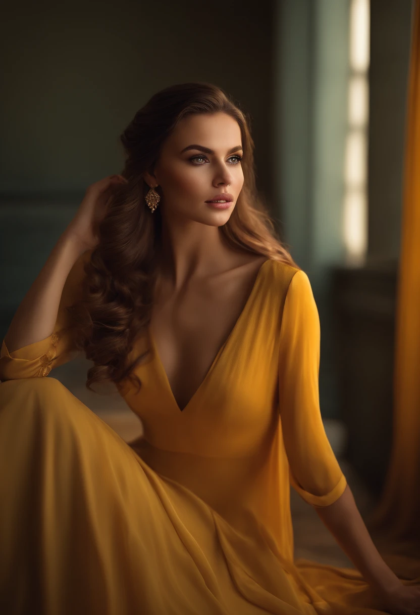 (best quality,4k,8k,highres,masterpiece:1.2),ultra-detailed,(realistic,photorealistic,photo-realistic:1.37),portraits,vivid colors,sharp focus,beautiful detailed eyes,beautiful detailed lips,extremely detailed eyes and face,longeyelashes,1girl,long flowing hair,flawless skin,trendy fashion style,fashionable makeup,confident expression,elegant pose,studio lighting,colorful background,yellow dress,artistic brushstrokes,subtle color gradients,soft lighting,subtle shadows