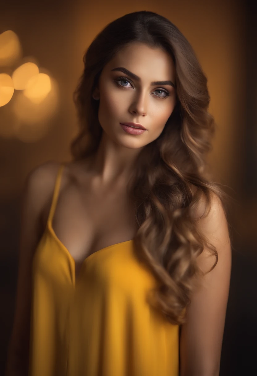 (best quality,4k,8k,highres,masterpiece:1.2),ultra-detailed,(realistic,photorealistic,photo-realistic:1.37),portraits,vivid colors,sharp focus,beautiful detailed eyes,beautiful detailed lips,extremely detailed eyes and face,longeyelashes,1girl,long flowing hair,flawless skin,trendy fashion style,fashionable makeup,confident expression,elegant pose,studio lighting,colorful background,yellow dress,artistic brushstrokes,subtle color gradients,soft lighting,subtle shadows