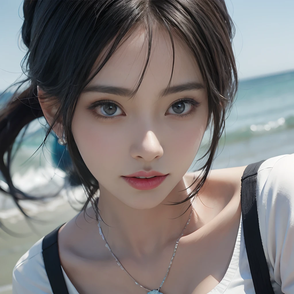 High quality, 4K, in frame, Close up portrait of black-haired woman in white shirt and light blue skirt, photorealistic anime girl render, render of a cute 3d anime girl, render of april, anime vtuber full body model, full-body xianxia, live2d virtual youtuber model, Smooth Anime CG Art, Realistic portrait full body realistic anime 3D style, photorealistic full body