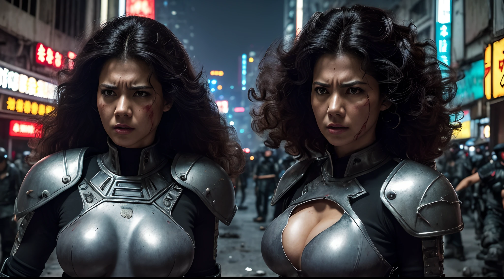 Cinema lenses，cinematic lighting，realistic photography, dark hair, woman (big hair), (angry), commander of hellish beings, very tight and transparent red clothes with gray details (very detailed clothes), (Battle wounds), (Focus on her face), (metal shoulder pads), Huge breasts (large), (perfect breasts), (topless), ruined city, Hong Kong movie scenes, Kowloon walled city，Disorderly city characters