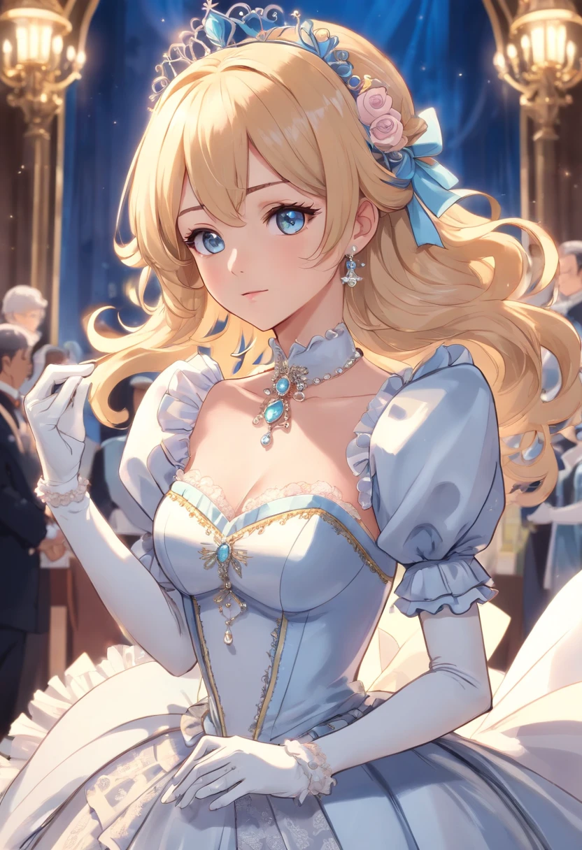 A stunningly beautiful blonde fairytale Princess Greer Grammer shining with Royal Pomp and Regal Splendor, wearing a Stately and (((Elaborate))) Royal Cinderella Ballgown of Silver and White Brocade, with (((enormous puffed sleeves))) a stiffly boned, padded and corseted bodice, an hourglass waist, a (((huge crinoline hoopskirt))) and (((bustle))), adorned with ribbons, bows, roses, lace, ruffles, frills, embroidery, and jewels, elaborately curled and styled hair, long white gloves, pearl and diamond necklace and earrings
