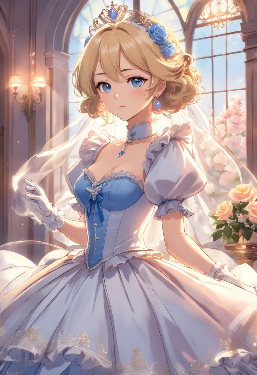 A stunningly beautiful blonde fairytale Princess Greer Grammer shining with Royal Pomp and Regal Splendor, wearing a Stately and (((Elaborate))) Royal Cinderella Ballgown of Silver and White Brocade, with (((enormous puffed sleeves))) a stiffly boned, padded and corseted bodice, an hourglass waist, a (((huge crinoline hoopskirt))) and (((bustle))), adorned with ribbons, bows, roses, lace, ruffles, frills, embroidery, and jewels, elaborately curled and styled hair, long white gloves, pearl and diamond necklace and earrings