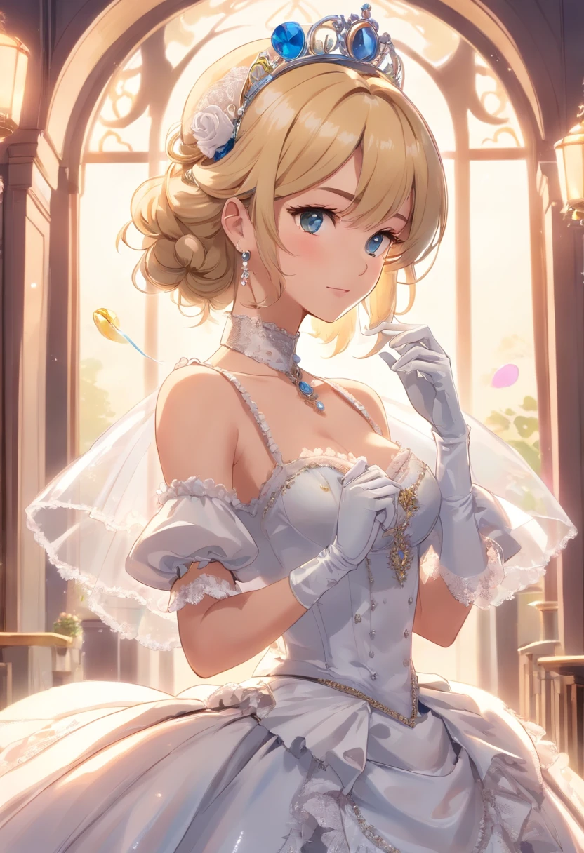 A stunningly beautiful blonde fairytale Princess Greer Grammer shining with Royal Pomp and Regal Splendor, wearing a Stately and (((Elaborate))) Royal Cinderella Ballgown of Silver and White Brocade, with (((enormous puffed sleeves))) a stiffly boned, padded and corseted bodice, an hourglass waist, a (((huge crinoline hoopskirt))) and (((bustle))), adorned with ribbons, bows, roses, lace, ruffles, frills, embroidery, and jewels, elaborately curled and styled hair, long white gloves, pearl and diamond necklace and earrings