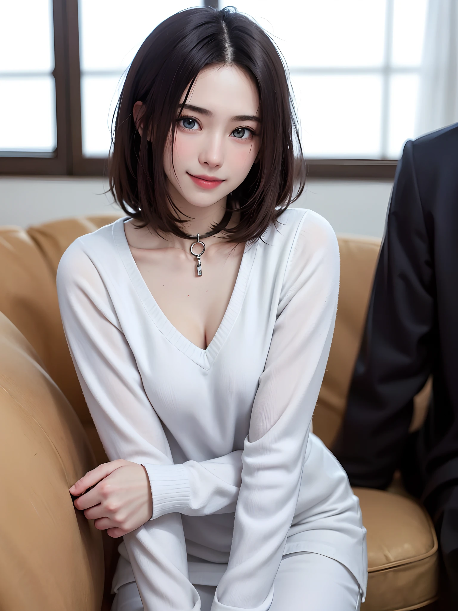 ((masutepiece)), (Best Quality), (Detailed), (1girl in), (Internal Data Stream) ,(A very beautiful woman with a very cute smile),(Very beautiful face symmetrical),(A woman full of adult charm who is too beautiful),Beautiful gradient hair, Light blue eyes,Bangs, Straight hair, Wearing a modern white shirt and black dress, Covered with data particles, Lock around the neck