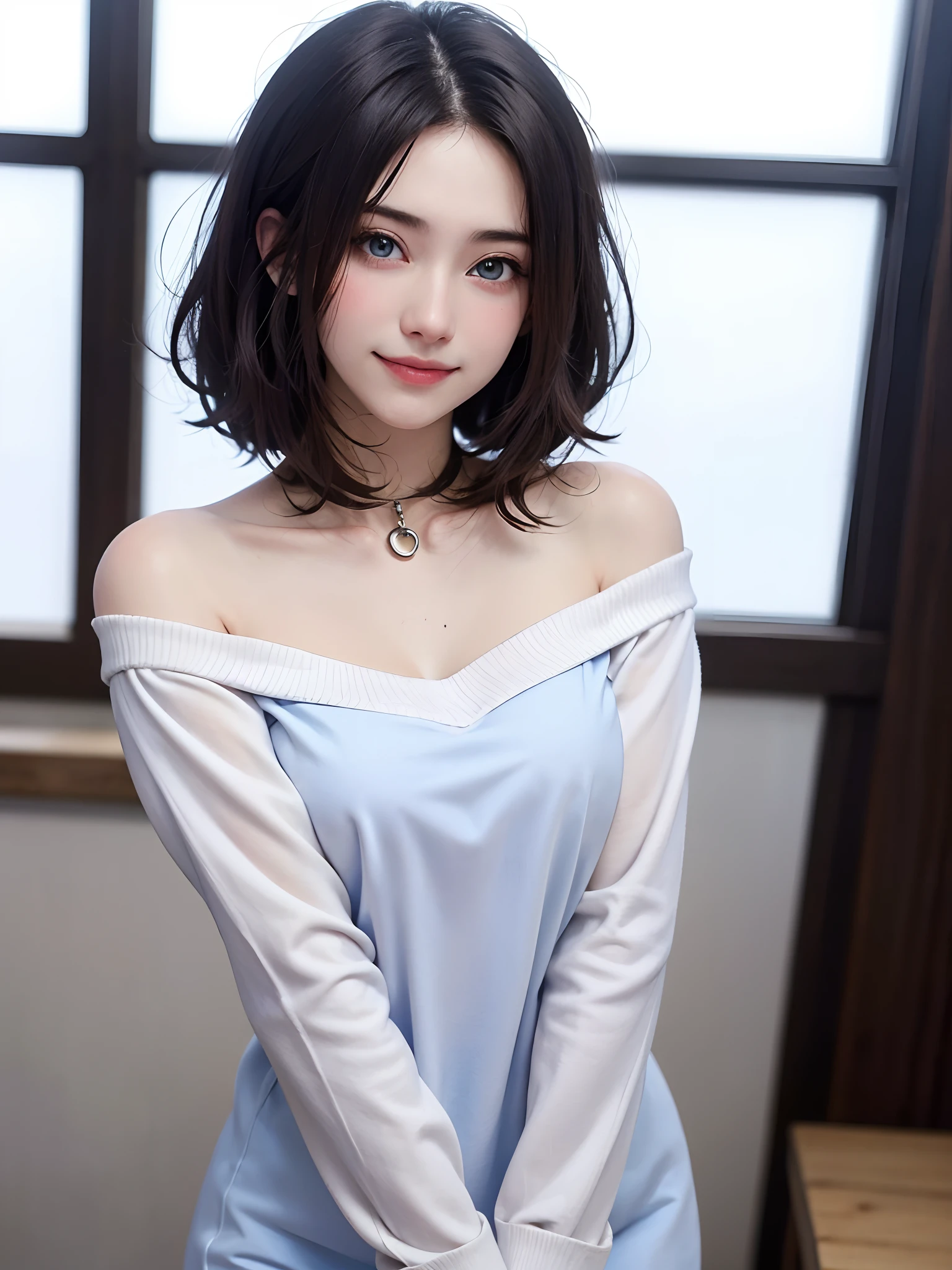 ((masutepiece)), (Best Quality), (Detailed), (1girl in), (Internal Data Stream) ,(A very beautiful woman with a very cute smile),(Very beautiful face symmetrical),(A woman full of adult charm who is too beautiful),Beautiful gradient hair, Light blue eyes,Bangs, Straight hair, Wearing a modern white shirt and black dress, Covered with data particles, Lock around the neck