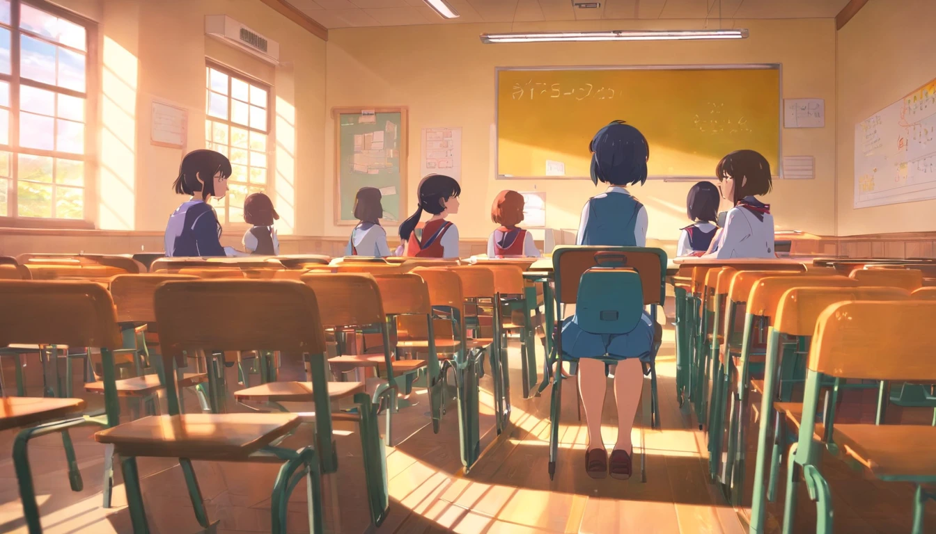 student girls sitting on chairs in a classroom at school