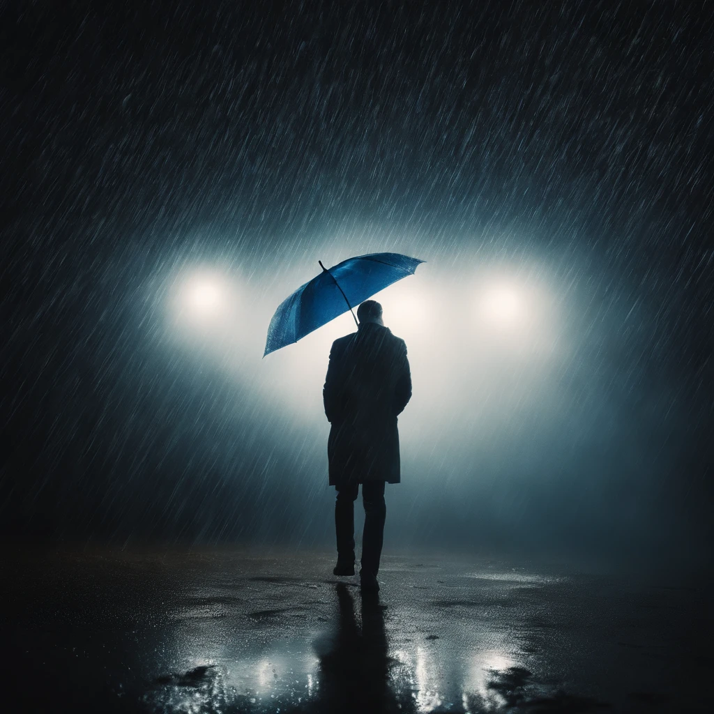 A man standing in a spotlight in the rain in blurry image with blue and white gradient background, with gleaming and shiny particles lightly golden, backround desfocado, light particles in soft and bright volumetric haze, floating dust particles, com luzes azuis brilhantes, Fundo fora de foco, poeira brilhante brilhante no ar, floating particles