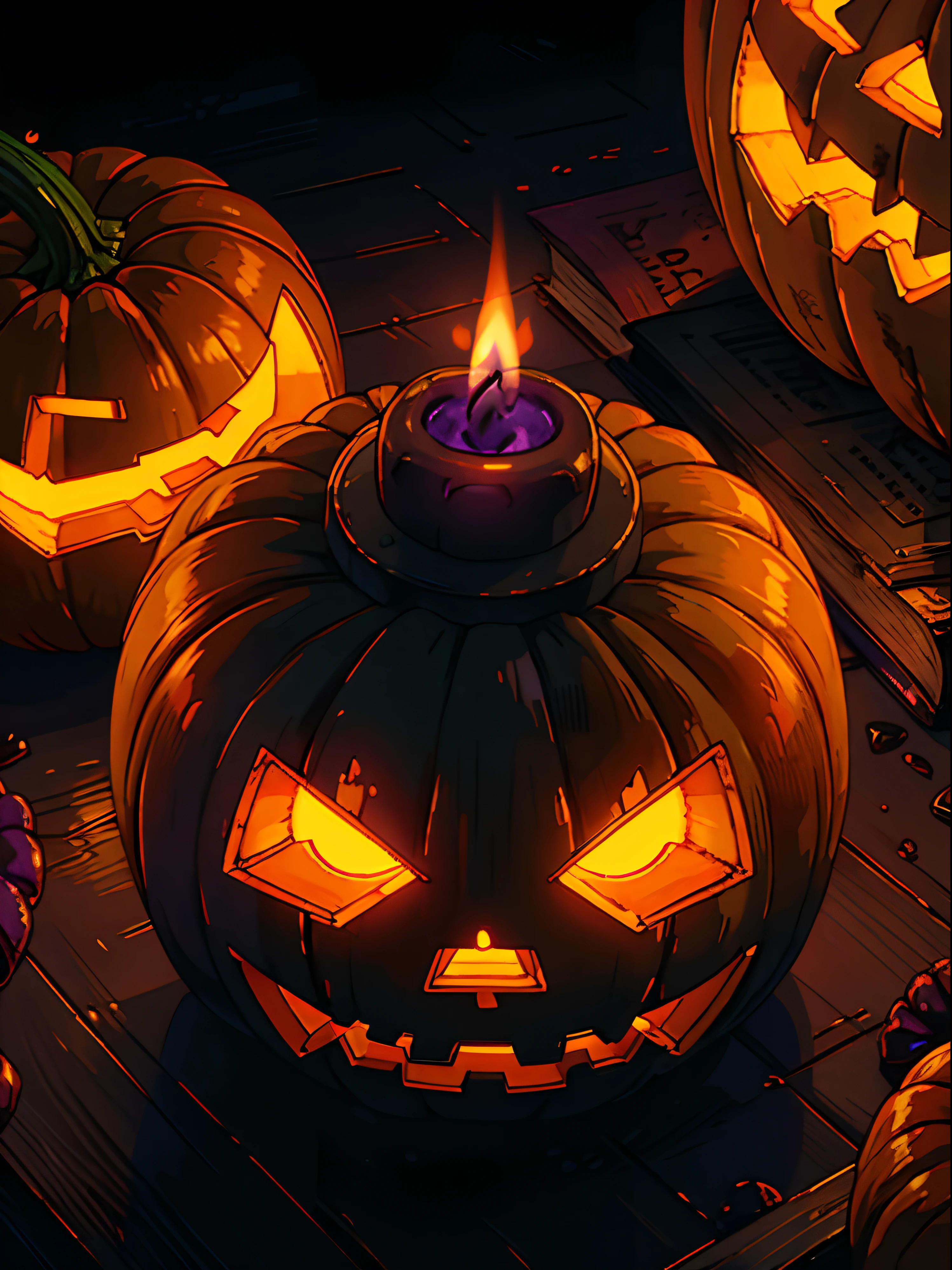 jack-o'-lantern neon, (halloween texture, pattern), pumpkins, skulls, candles, (orange, purple, black)