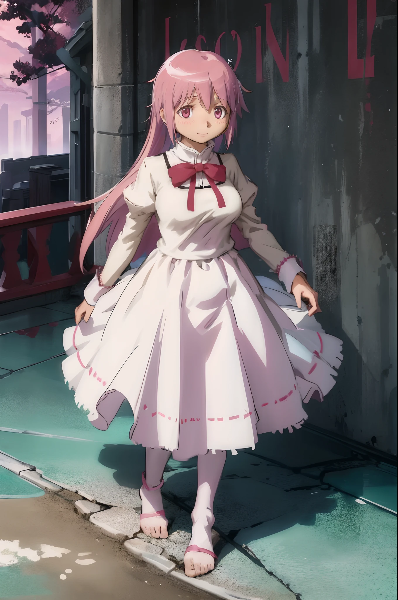 , (masterpiece:1.2), (best quality:1.15), extremely detailed,1girl, detailed,1girl, solo, madoka, long hair, pantyhose,, long dress, priestess, whitecloths, long skirt, pink robe, , standing, full body, medium breast, mature woman, tallgirl, standing,smile,, pink eyes madoka, tutu, long skirt, pink dress,big breast, curvy,