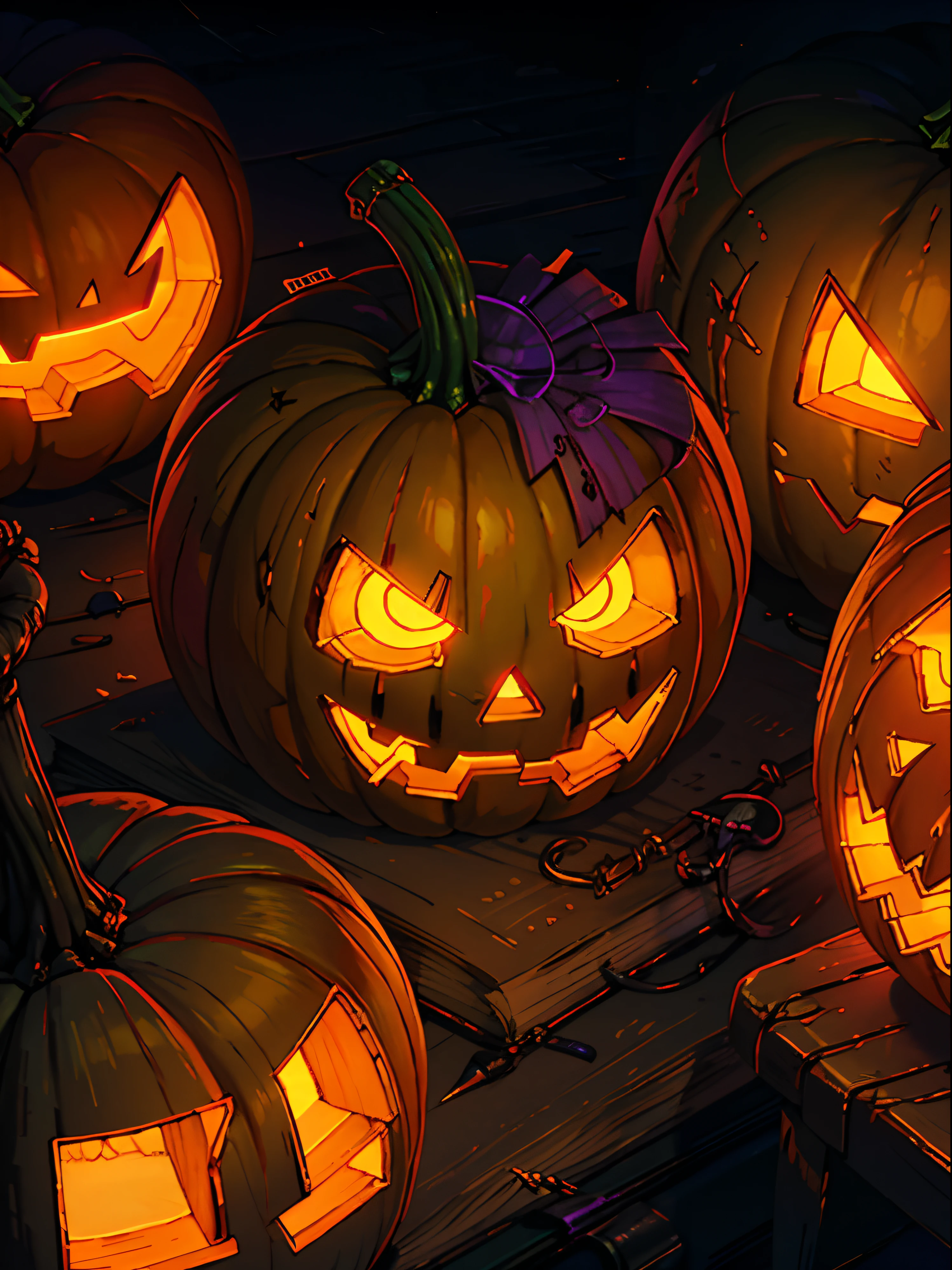 jack-o'-lantern neon, (halloween texture, pattern), pumpkins, skulls, candles, (orange, purple, black)