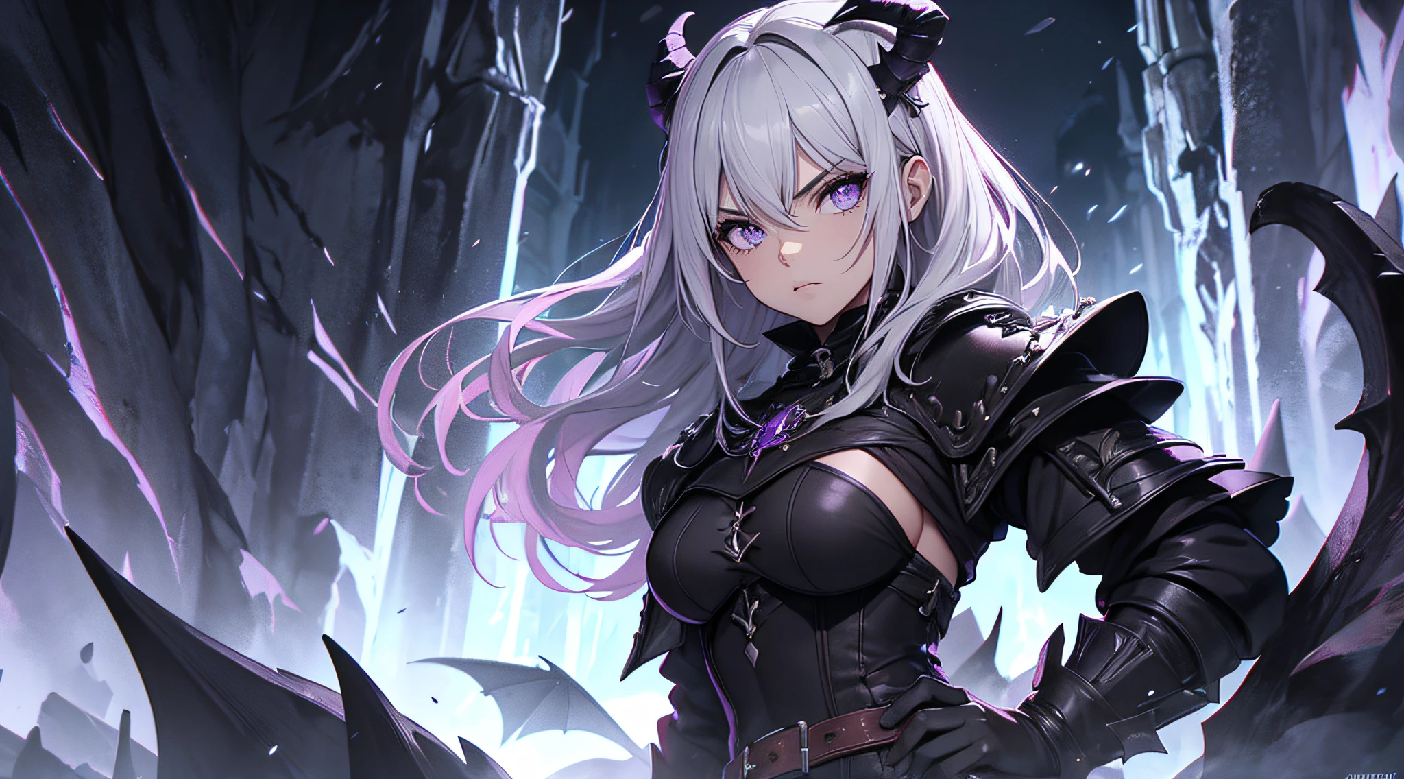 cerrar, fantasy world, nieve, paredes de ladrillo de piedra, Casas medievales, hielo, demonio, humanoide, cuernos negros, Su piel es de un color gris, color de piel gris, purple pupils on black sclera, cabello negro desordenado, angry expression, Furioso, vistiendo solo una capa, Muslos, Tatuajes rojos, Tatuajes de cara roja