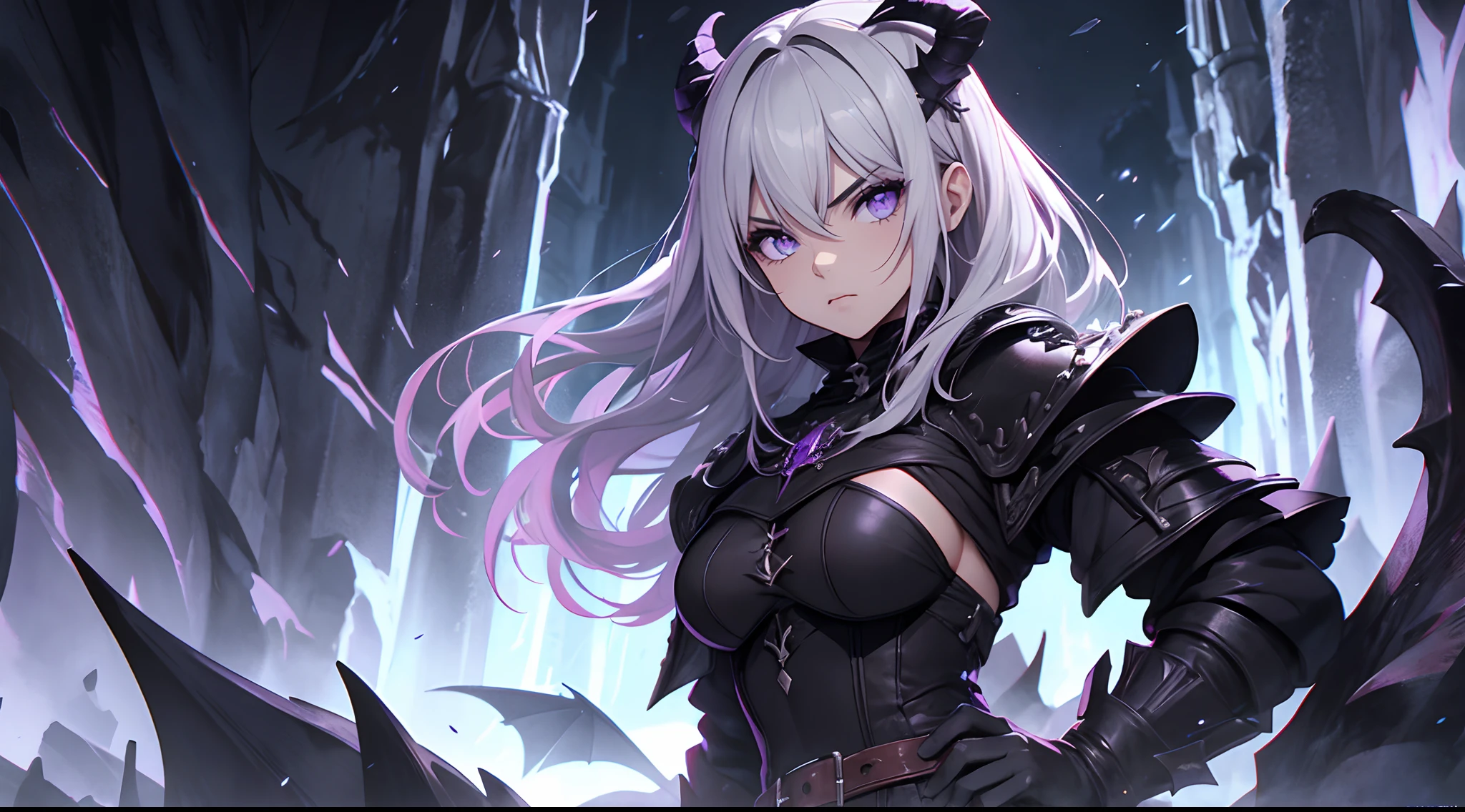 cerrar, fantasy world, nieve, paredes de ladrillo de piedra, Casas medievales, hielo, demonio, humanoide, cuernos negros, Su piel es de un color gris, color de piel gris, purple pupils on black sclera, cabello negro desordenado, angry expression, Furioso, vistiendo solo una capa, Muslos, Tatuajes rojos, Tatuajes de cara roja