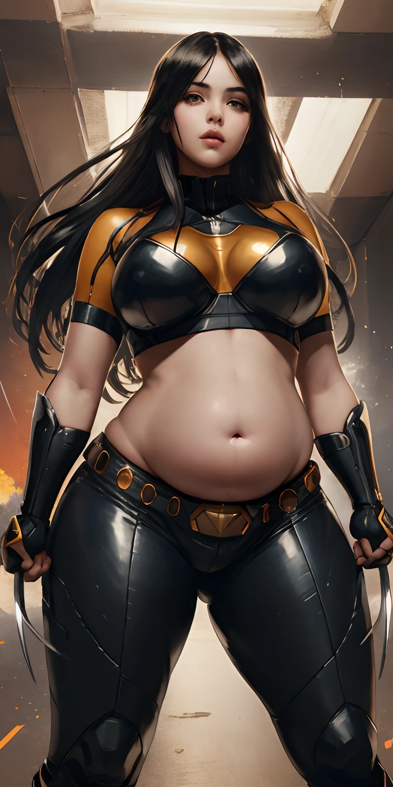 (artwork:1.2),(lineart:1.33), (hyperdefineed-art), photo of a beautiful (laura_kinney), (claws), midriff, navel, pants, (abs:0.7), (medium shot), cowboy shot, masterpiece, best quality, superhero costume, wolverine, complex lighting,ultradetailed,(fine-details:1.2),absurdres,(atmosphere), (flat saturated bright colors), yellow, red, orange tones,(thicc:0.5), (WeightImmobile:1.3), (obese:1.2) (round face:1.3), huge belly, wide hips, from below, discoelysium, legs spread, muffin top, pudgy, Big  Bump pregnant, Big boobs, Big pregnant Belly, Big Pregnant girl, Largest Belly of Pregnant, Huge Pregnancy, Huge 9 months Pregnancy Belly, huge belly expansion, huge belly girl