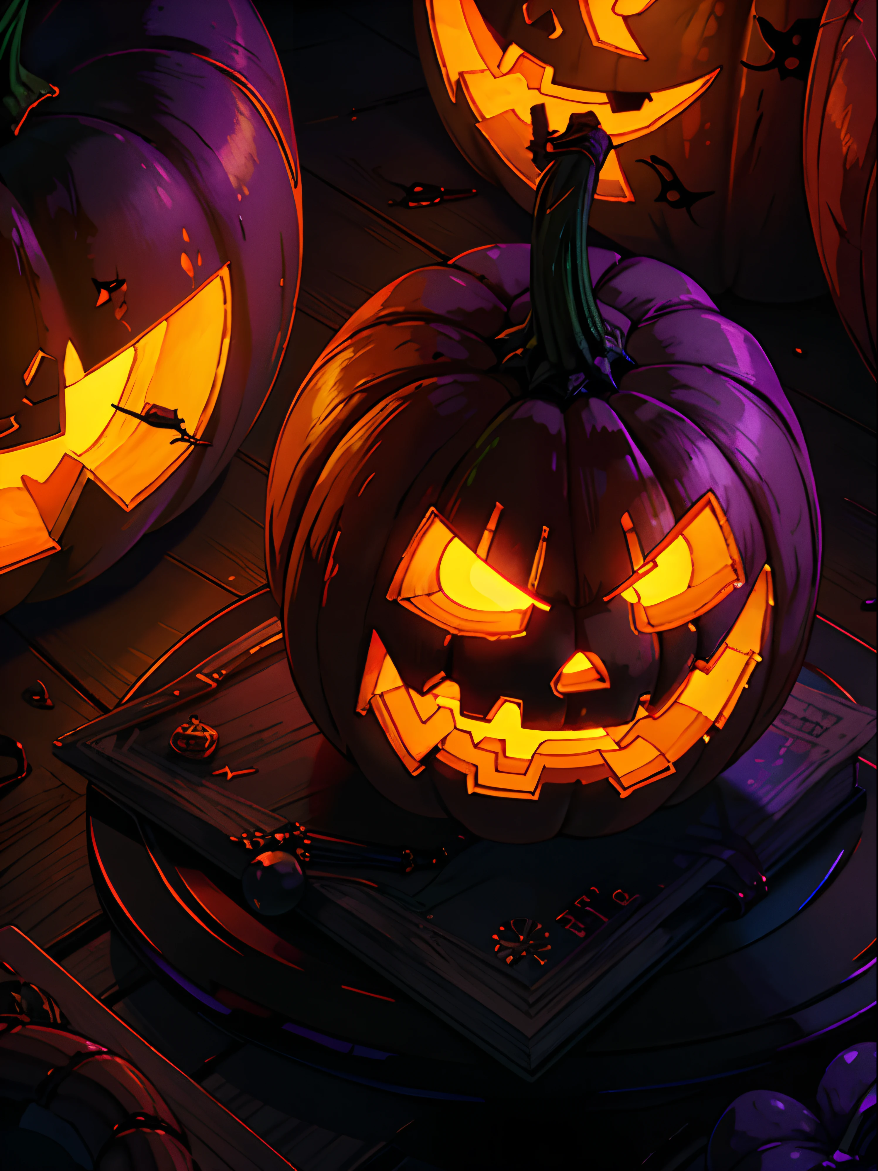 jack-o'-lantern neon, (halloween texture, pattern), pumpkins, skulls, candles, (orange, purple, black)