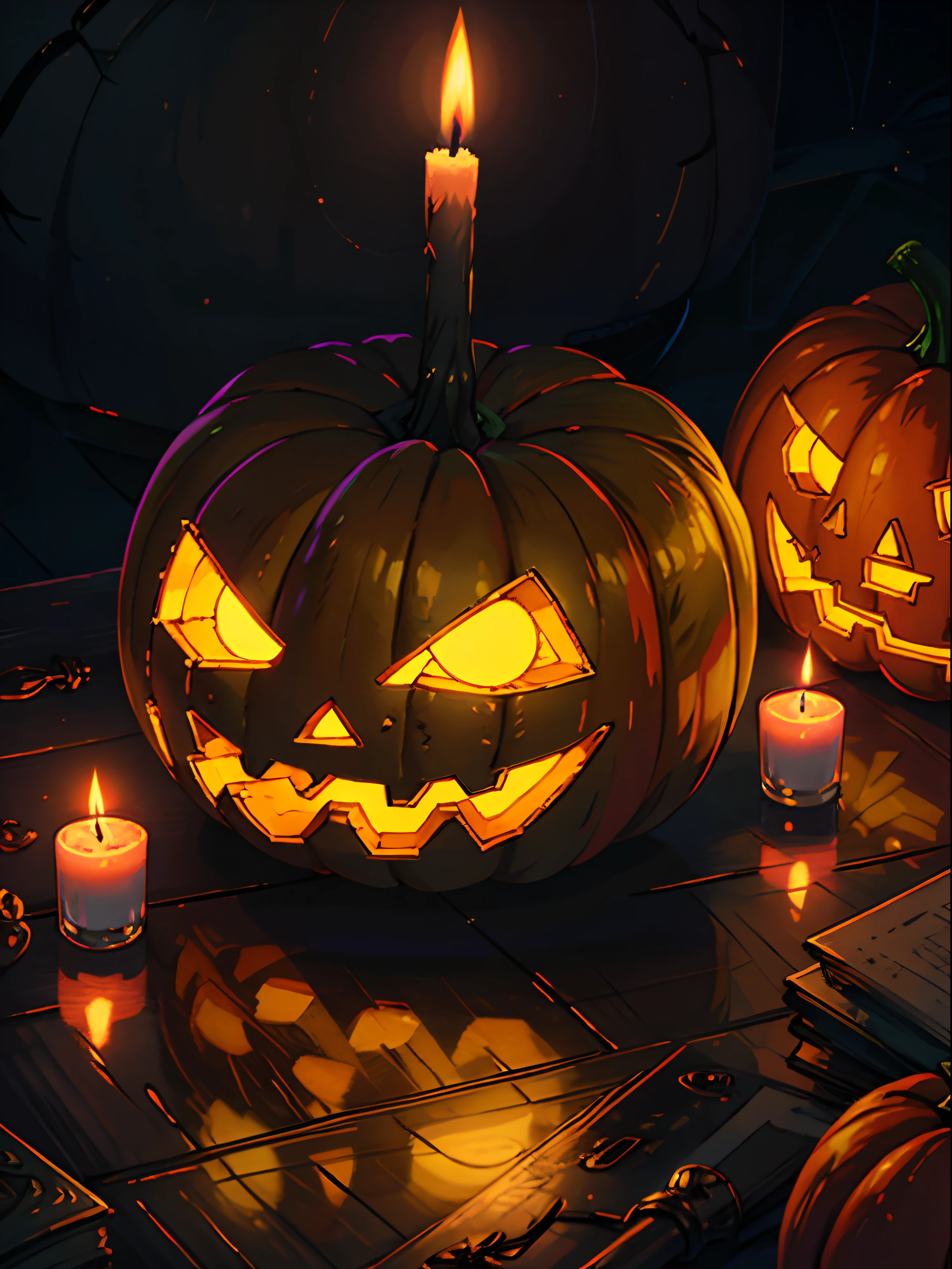 Calabaza tenebrosa, ambuente Halloween, con humo y velas, 8k, muchos detalles